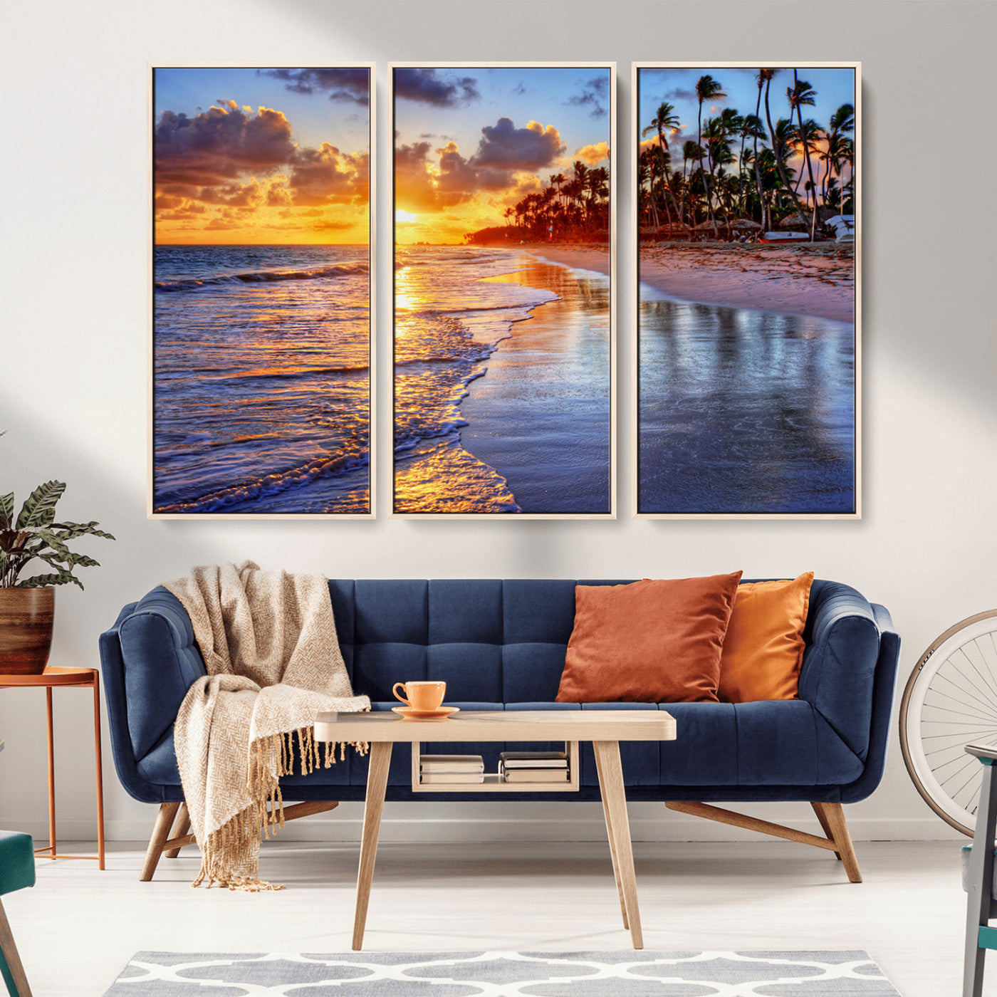 MGV-FC-48X32-3P - Serene Beach Sunset Wall Art Canvas- Coastal Seascape Print for Living Room or Bedroom, Ocean Waves