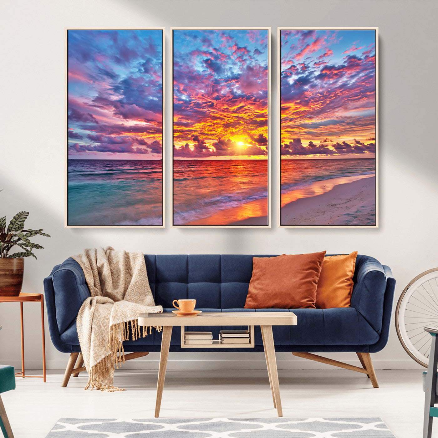 MGV-FC-48X32-3P - Vibrant Sunset Beach Wall Art - Ocean Sunset Canvas Print | Coastal Wall Art Decor Stunning Sunset
