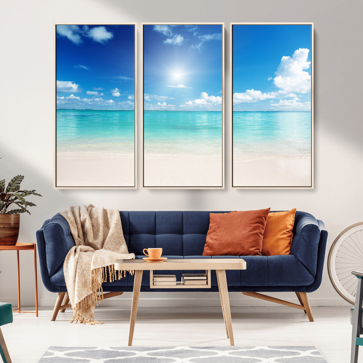 MGV-FC-48X32-3P - Blue Ocean Wall Art Canvas Print - Tranquil Ocean Paradise Triptych Wall Art - Ready to Hang Beach