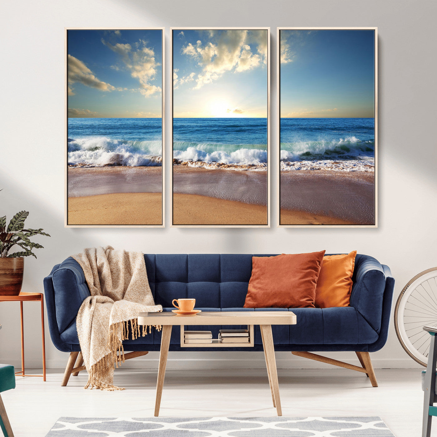 MGV-FC-48X32-3P - Serene Ocean Sunset Canvas Wall Art - Beach Waves at Sunset, Ready to Hang