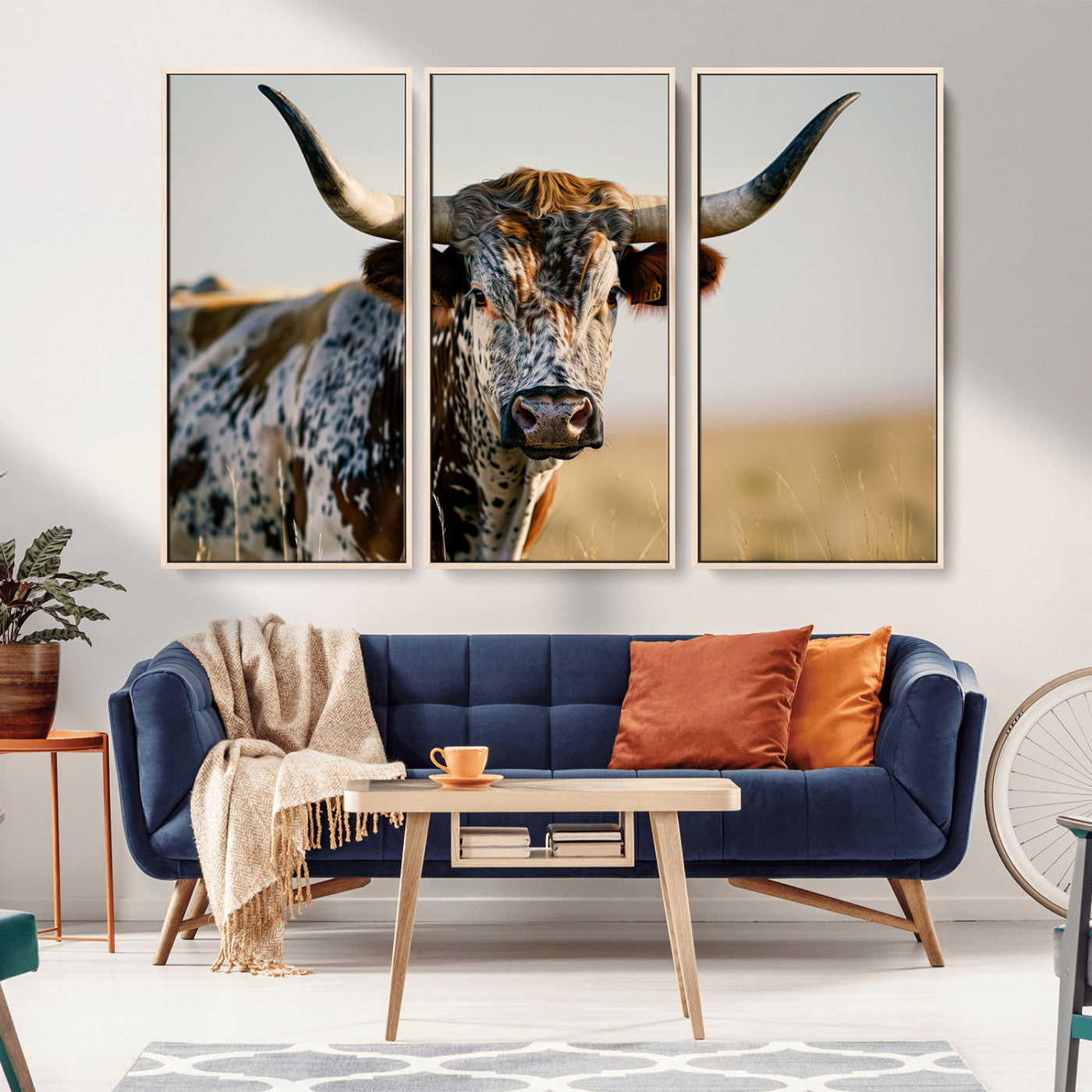 MGV-FC-48X32-3P - Texas Bull Longhorn Wall Art Canvas Print for Farm House Wall Decor, Farmhouse Wall Art Print