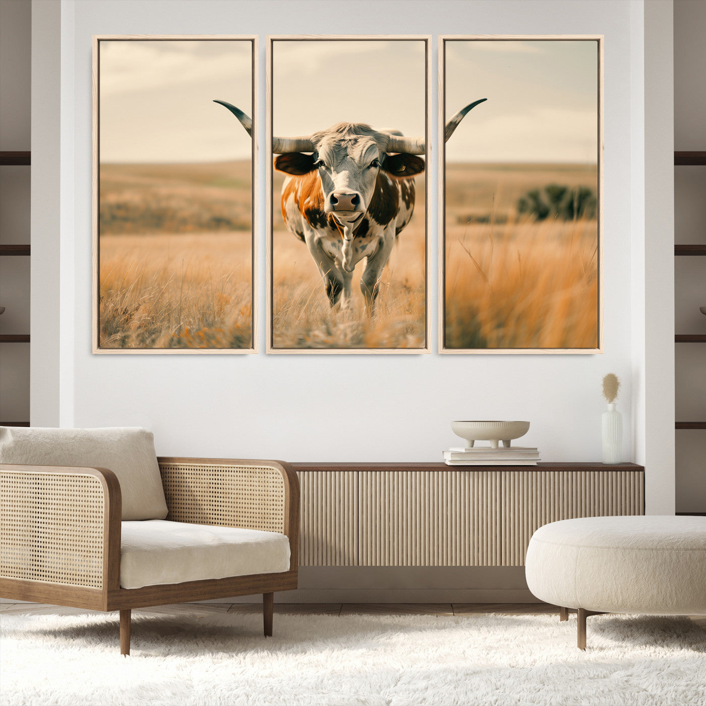16580-MGV-FC-48X32-3P_Natural-Texas Cow Longhorn Wall Art Canvas Print for Farm House Wall Decor, Farmhouse Cow Print Canvas Wall Art Print