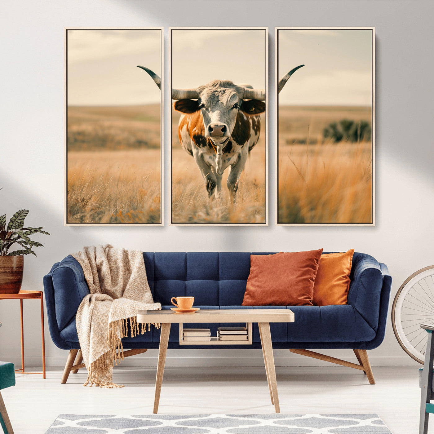 MGV-FC-48X32-3P - Texas Cow Wall Art Canvas Print for Farm House Wall Decor, Farmhouse Wall Art Print