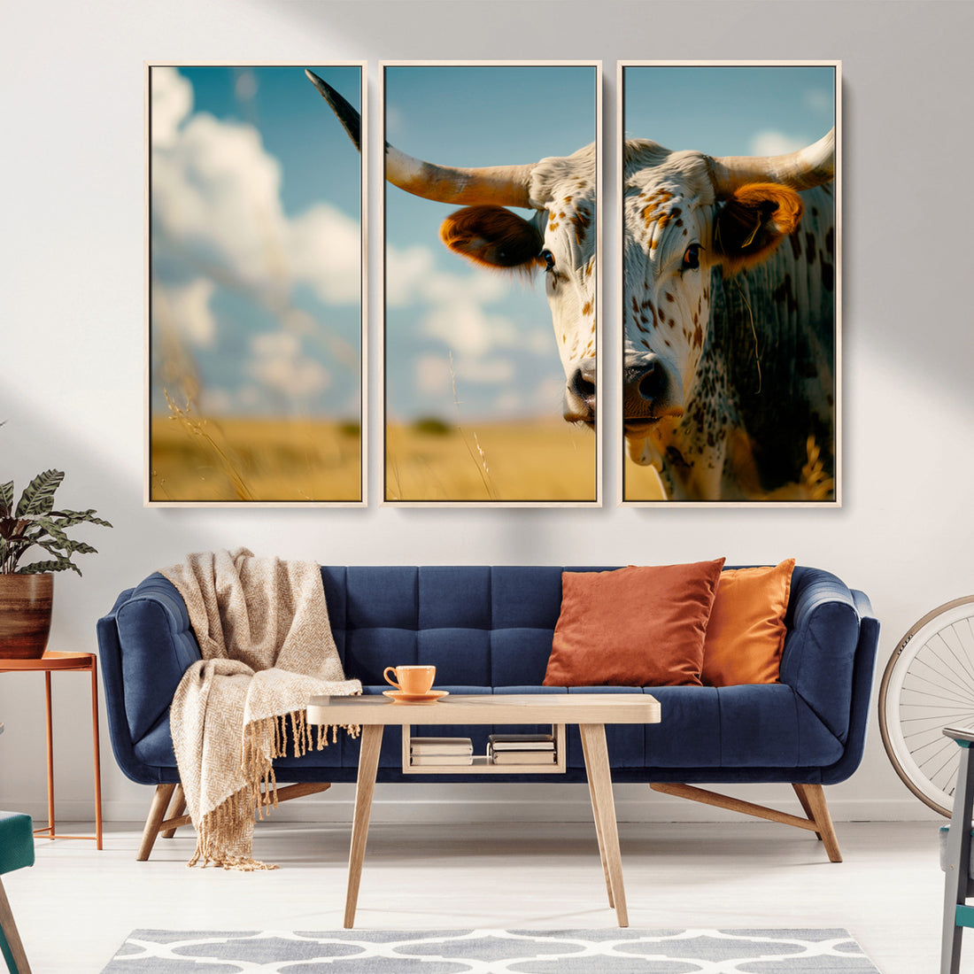 Longhorn in the Prairie, Stunning Ranch-Style Triptych Wall Art