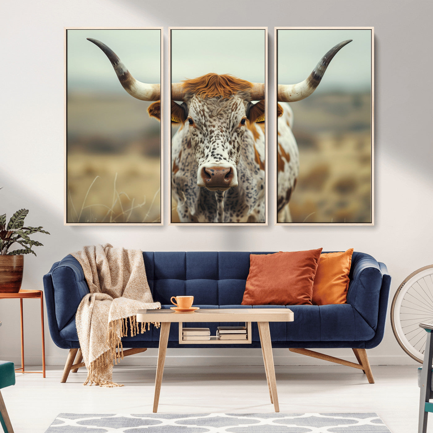 MGV-FC-48X32-3P - Texas Cow Longhorn Wall Art Canvas Print for Farm House Wall Decor, Farmhouse Wall Art Print