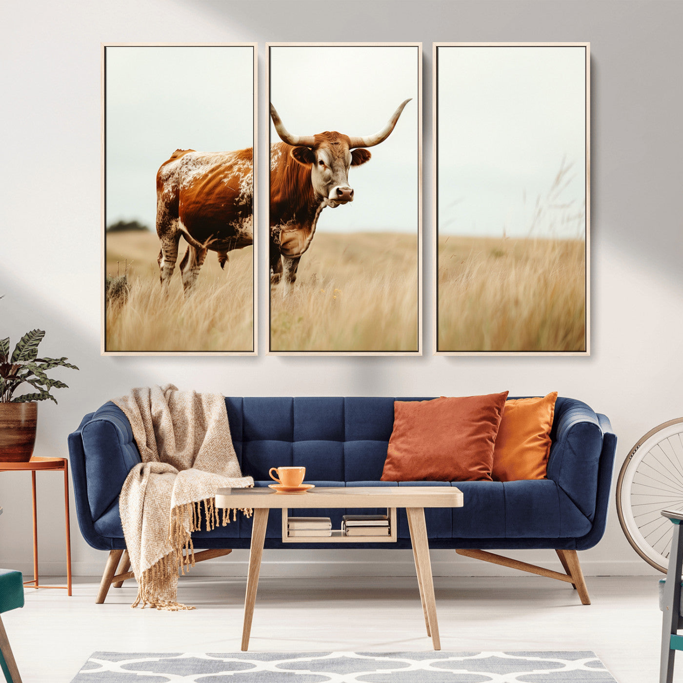 MGV-FC-48X32-3P - Texas Longhorn Canvas Wall Art Print – Majestic Western Cattle in Rustic Farmhouse Decor – Cow Wall