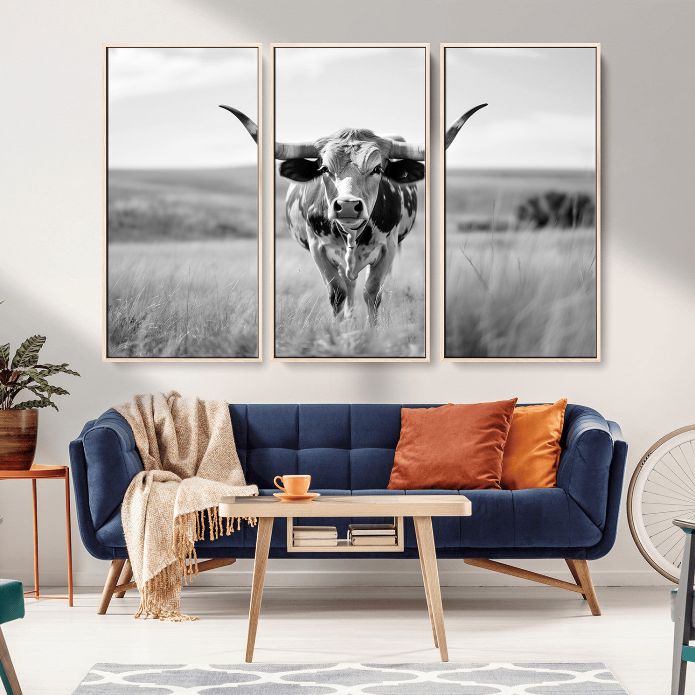 MGV-FC-48X32-3P - Texas Cow Longhorn Wall Art Canvas Print for Farm House Wall Decor, Farmhouse Wall Art Print