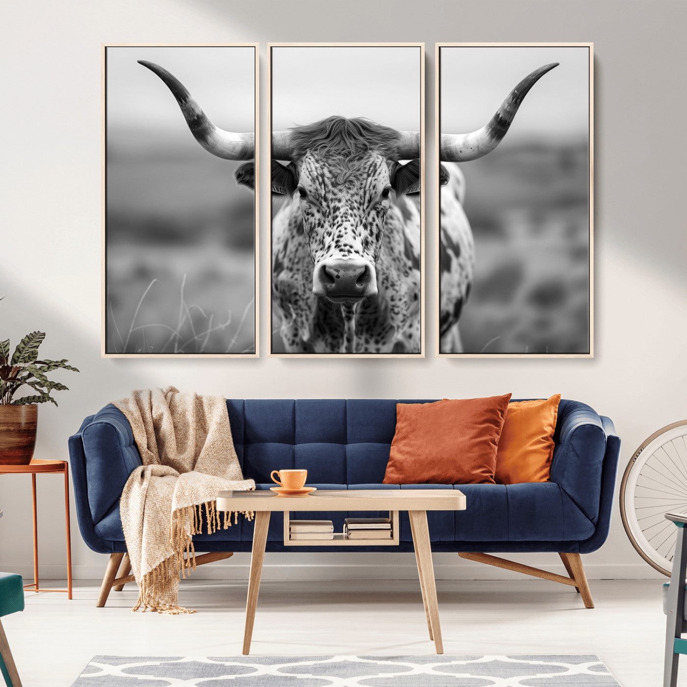 MGV-FC-48X32-3P - Texas Cow Longhorn Wall Art Canvas Print for Farm House Wall Decor, Farmhouse Wall Art Print