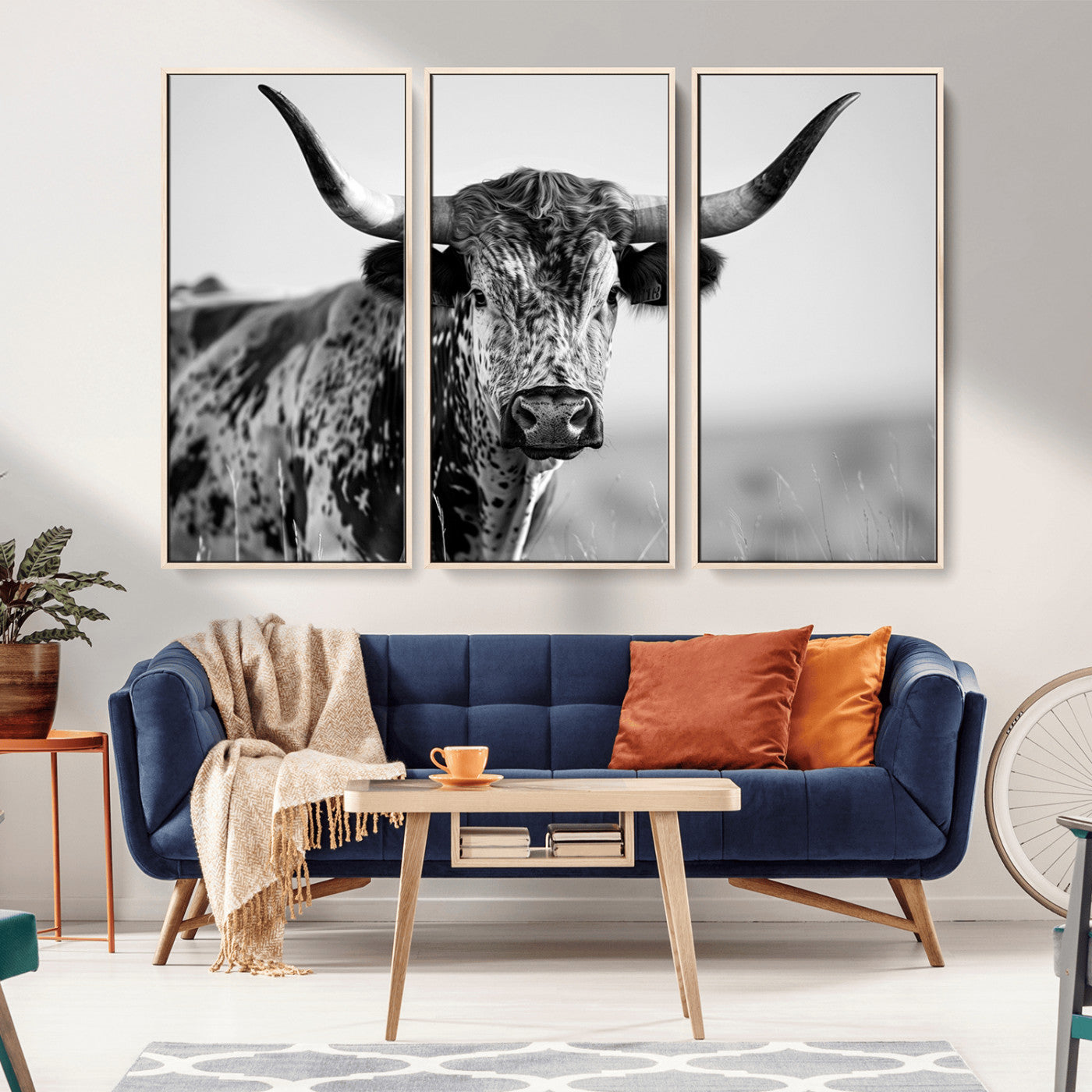 MGV-FC-48X32-3P - Texas Highland Cow Longhorn Canvas Print - Rustic Farmhouse Wall Art - Large Texas Longhorn