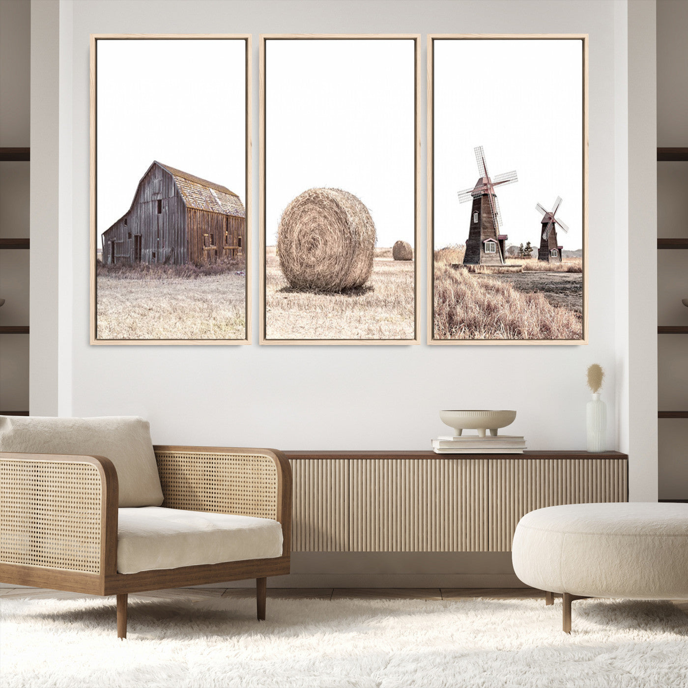 94971-MGV-FC-48X32-3P_Natural-Farm Prints Set, Set of 3 Farmhouse Wall Art, Country House Decor