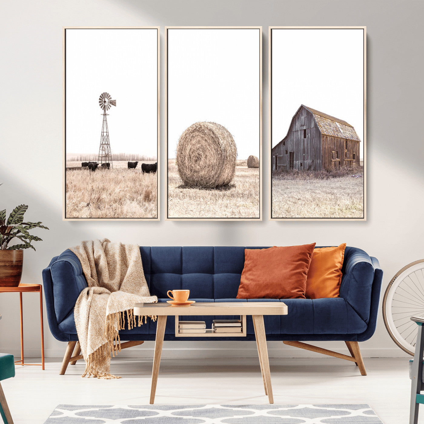 MGV-FC-48X32-3P - Rustic Farmhouse Wall Art Set of 3 – Country Barn and Wheat Field | Farm Prints for Country Home and