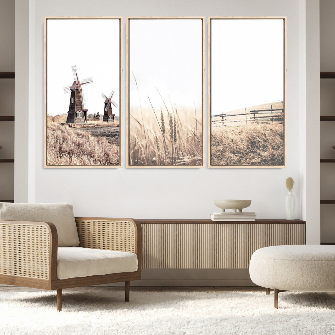 56649-MGV-FC-48X32-3P_Natural-Farm Prints Set, Farmhouse Wall Art Canvas, Country House Decor, Country House Decor, Barn Print, Wheat Print