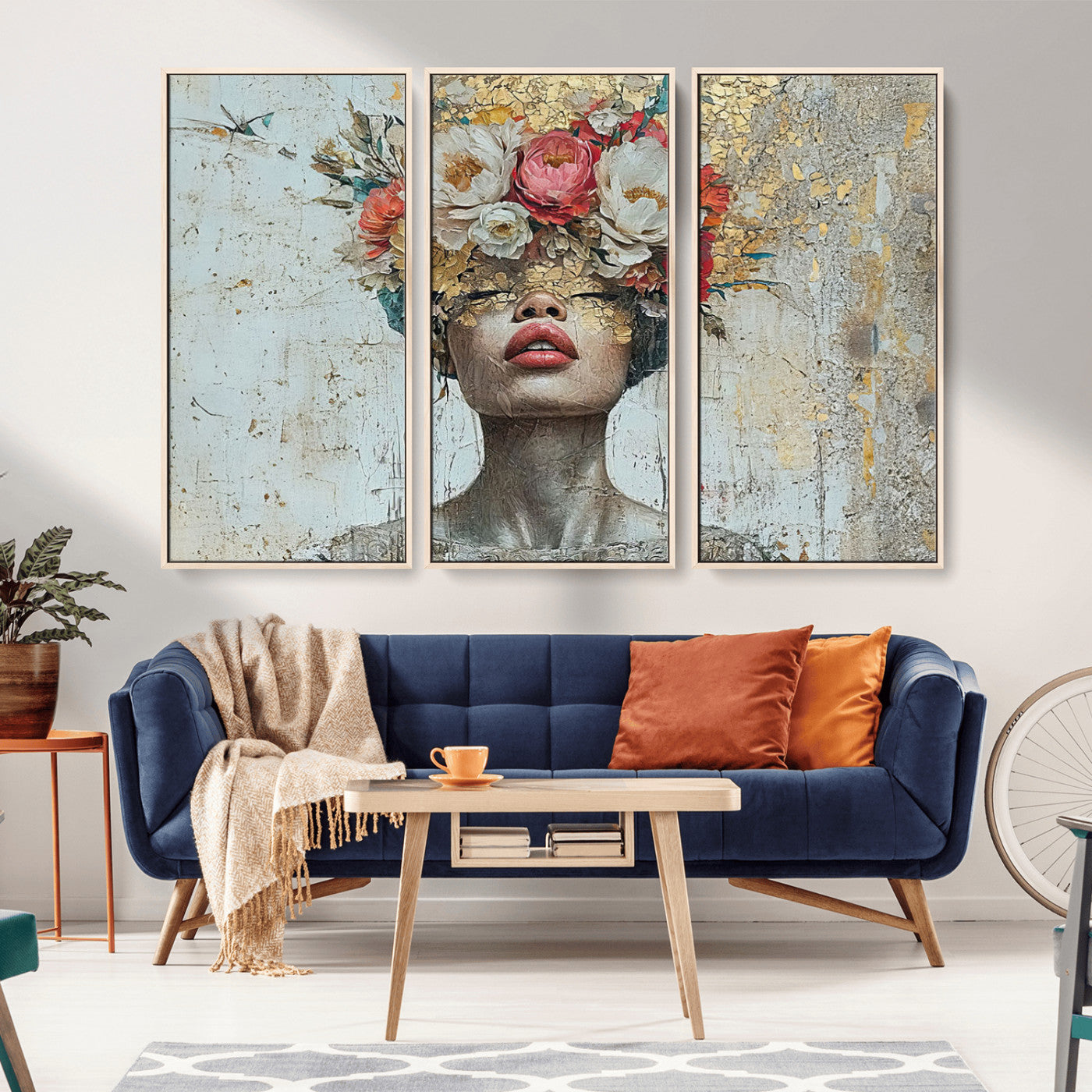 MGV-FC-48X32-3P - Golden Petal Wall Art Canvas Print - Silhouette Woman Wall Art Canvas Print, Floral Woman Portrait