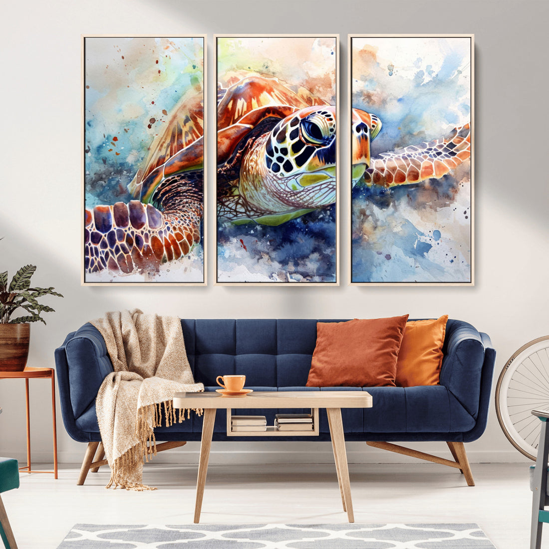 Watercolor Sea Turtle Wall Art Canvas Print, Vibrant Ocean Colors in Watercolor Style