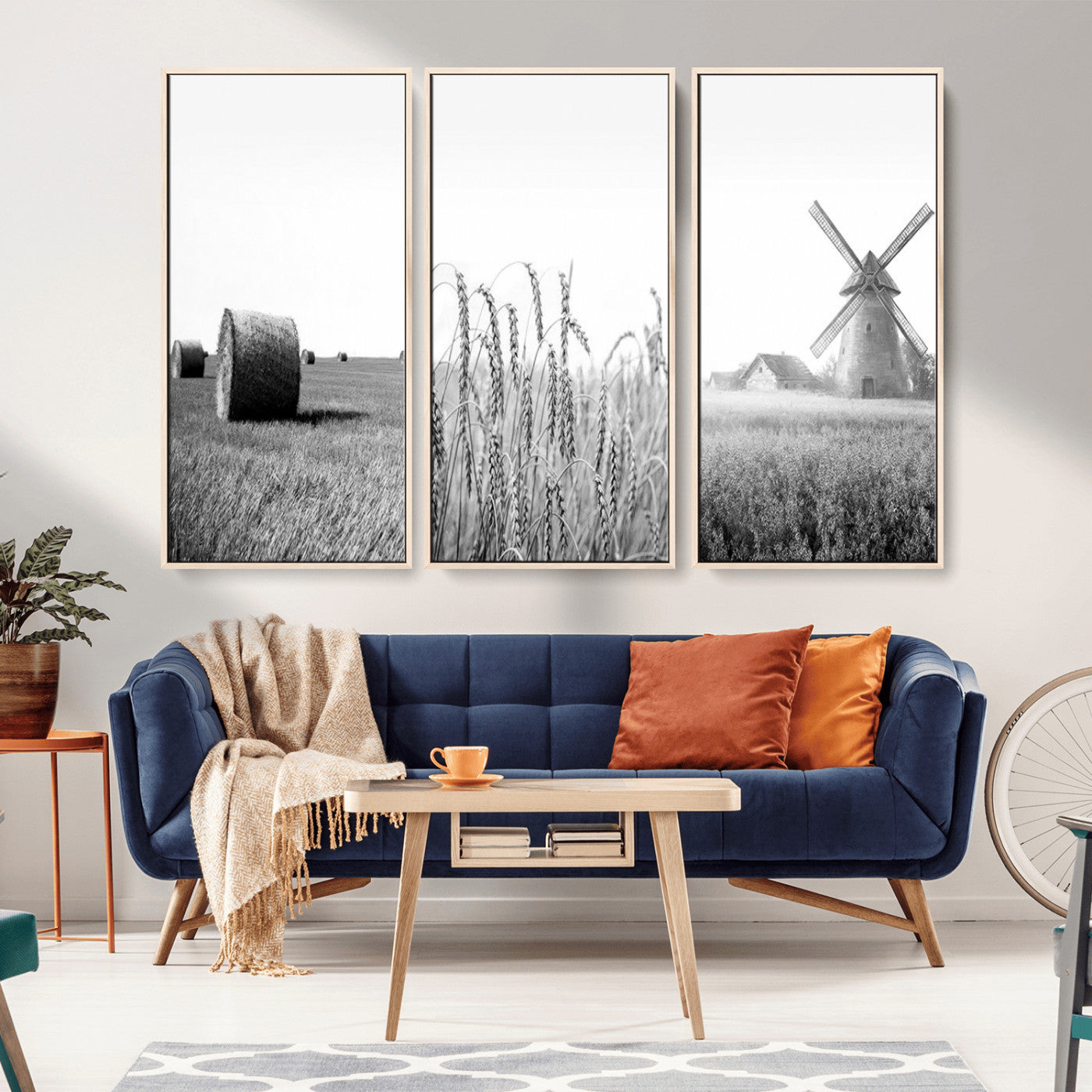 MGV-FC-48X32-3P - Vintage Farmhouse Black and White Triptych Wall Art – Giclee Canvas Featuring Wheat Fields, Hay