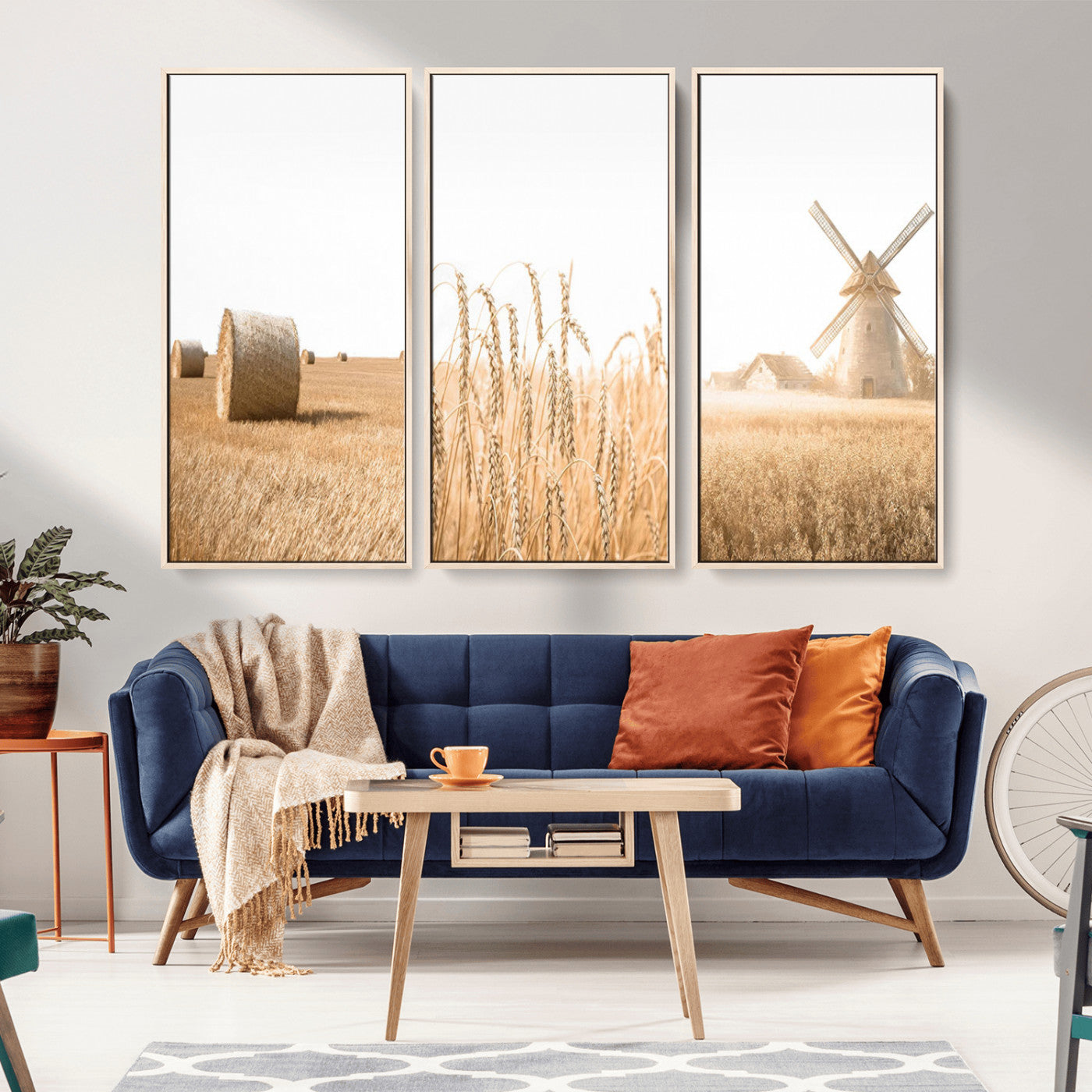 MGV-FC-48X32-3P - Vintage Farmhouse Triptych Wall Art – Giclée Canvas Featuring Wheat Fields, Hay Bales, and a