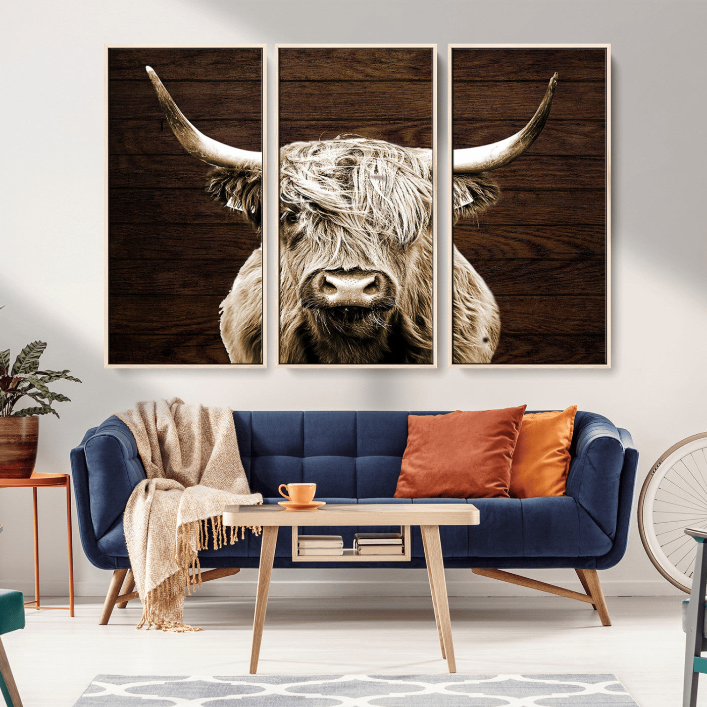 MGV-FC-48X32-3P - Highland Cow Wall Art Canvas Print, Rustic Farmhouse Decor, Majestic Scottish Highland Bull Portrait