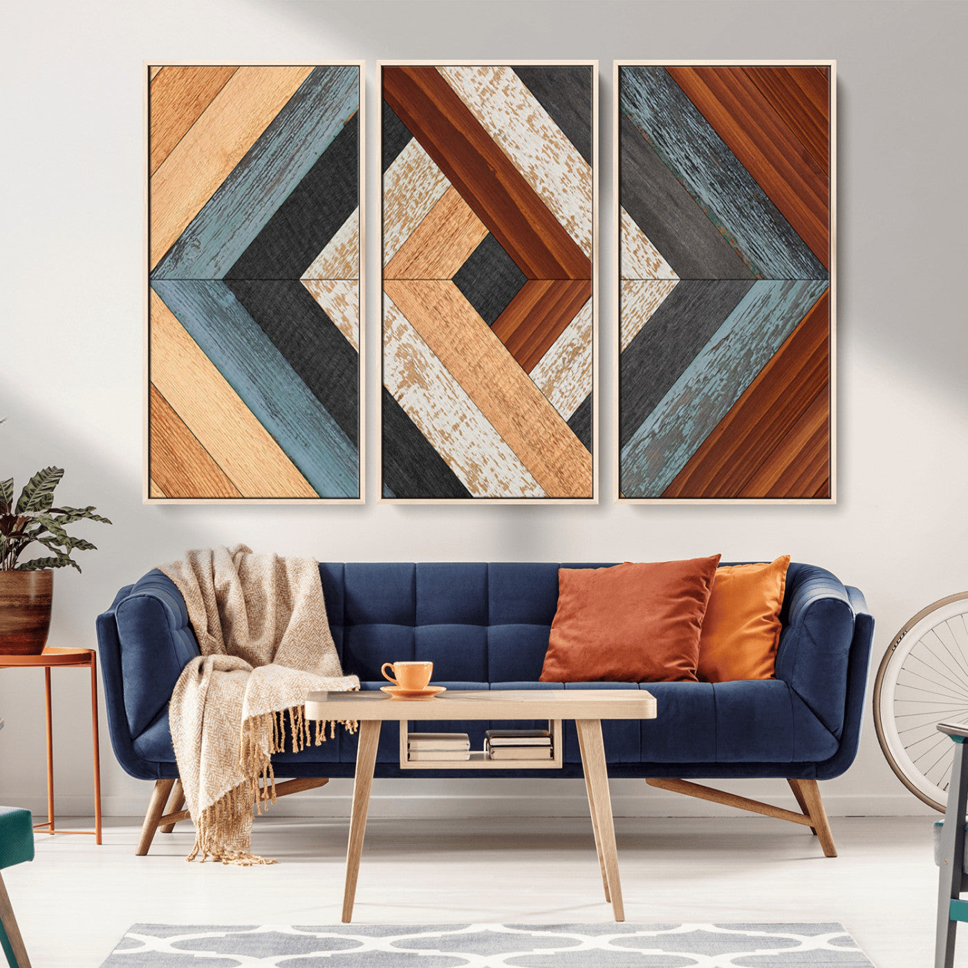 MGV-FC-48X32-3P - Geometric Wood Art Wall Decor Canvas Print, Rustic Wooden Pattern Triptych Wall Art for Living Room