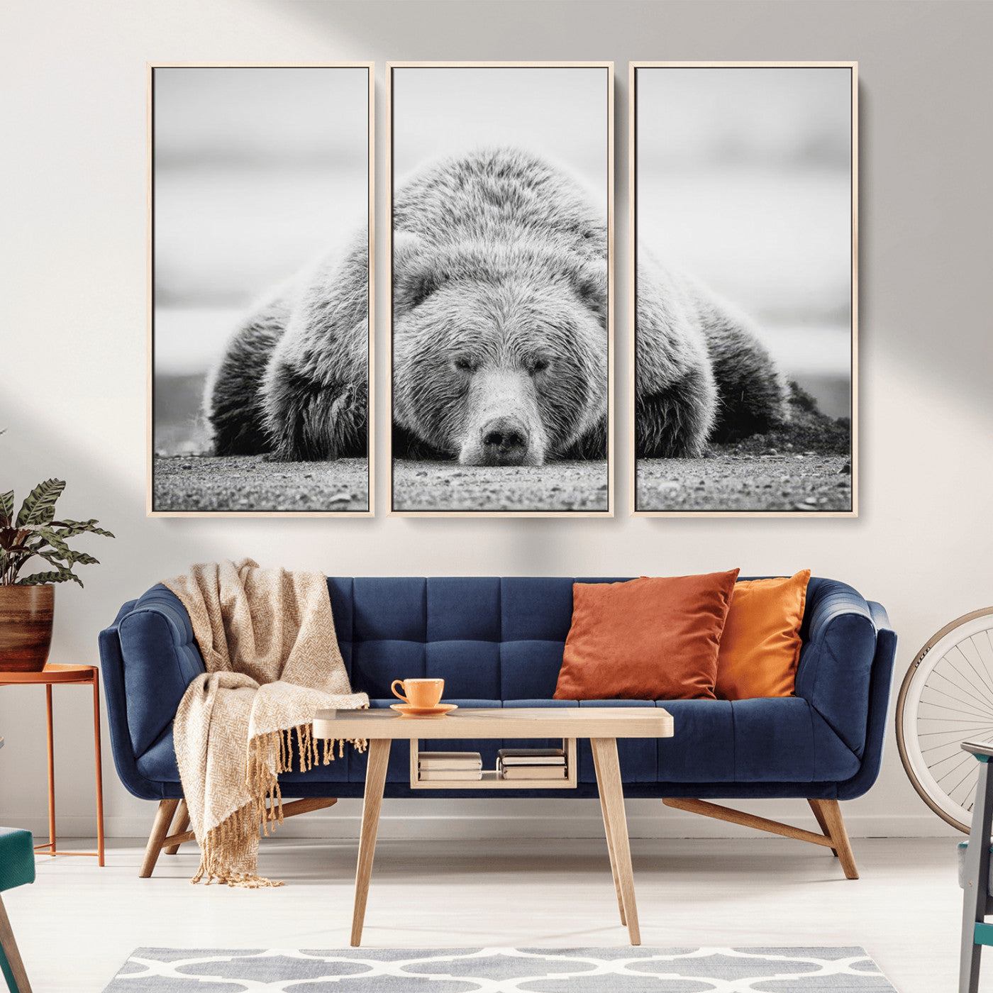 MGV-FC-48X32-3P - Resting Grizzly Bear Wall Art Canvas Print – Majestic Lazy Black and White Wildlife Bear Art,