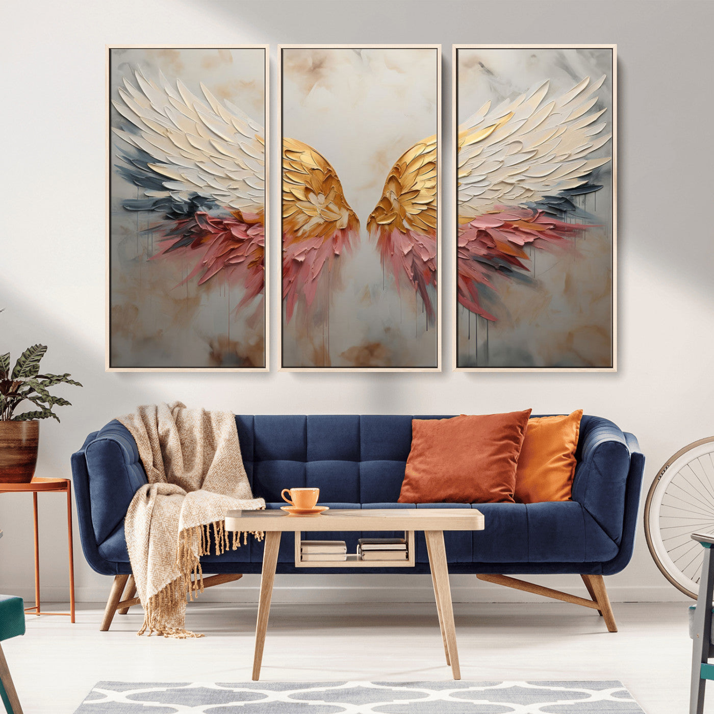 MGV-FC-48X32-3P - Golden Angel Wings Wall Art Canvas Print – Stunning Abstract Winged Art for Elegant Home Decor –