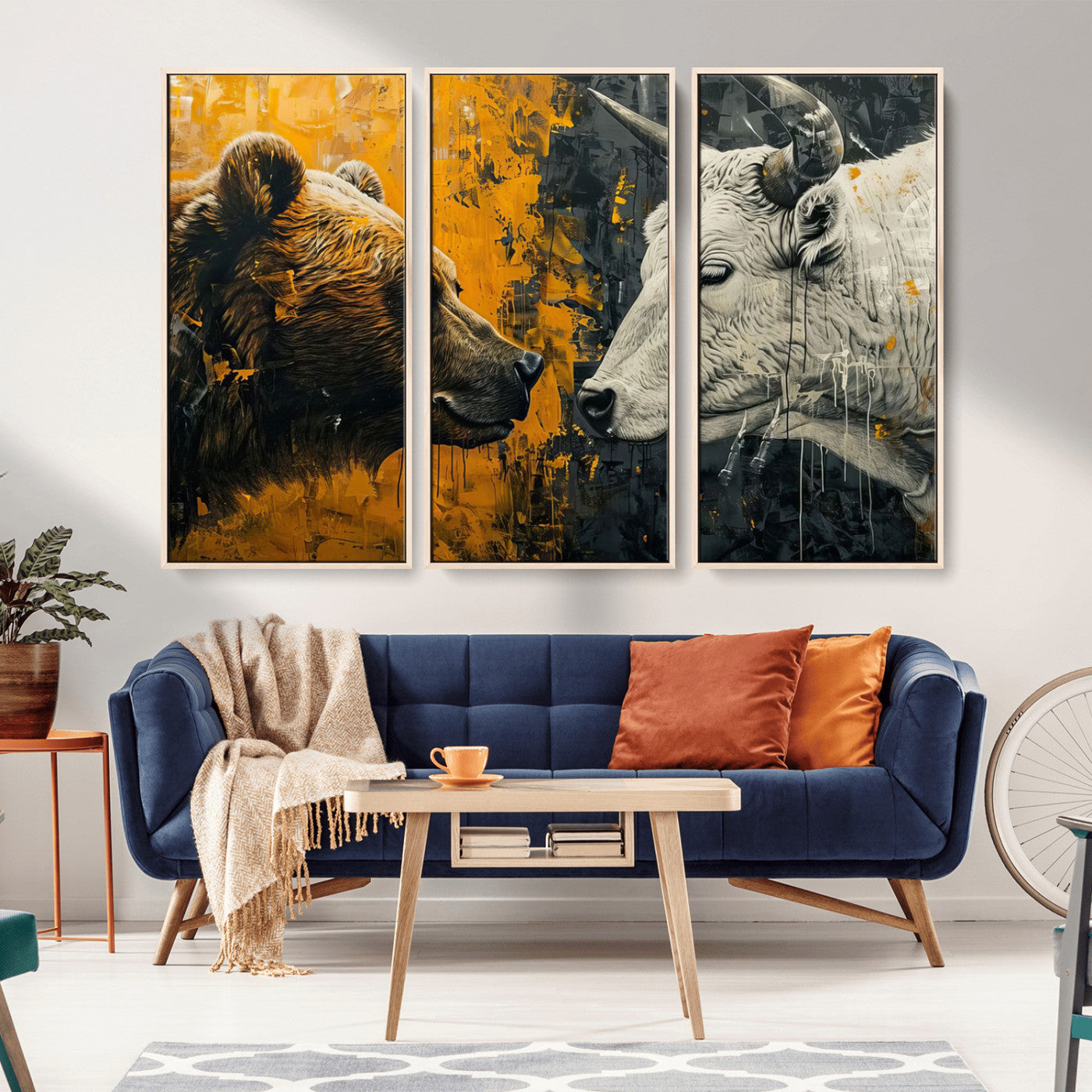 MGV-FC-48X32-3P - Bear and Bull Wall Art Canvas Print – Abstract Animal Portrait Painting for Modern Home Decor –