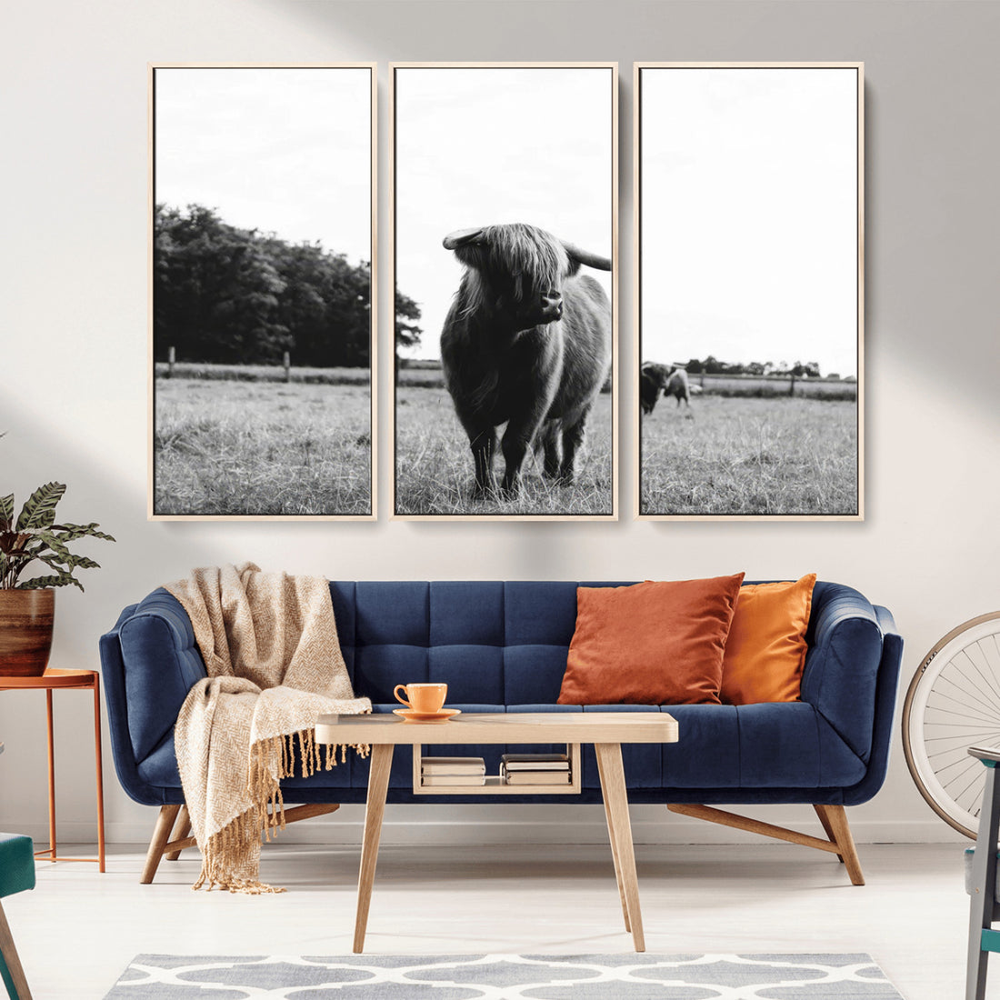 Black and White Highland Cow Wall Art Canvas Print, Rustic Decor