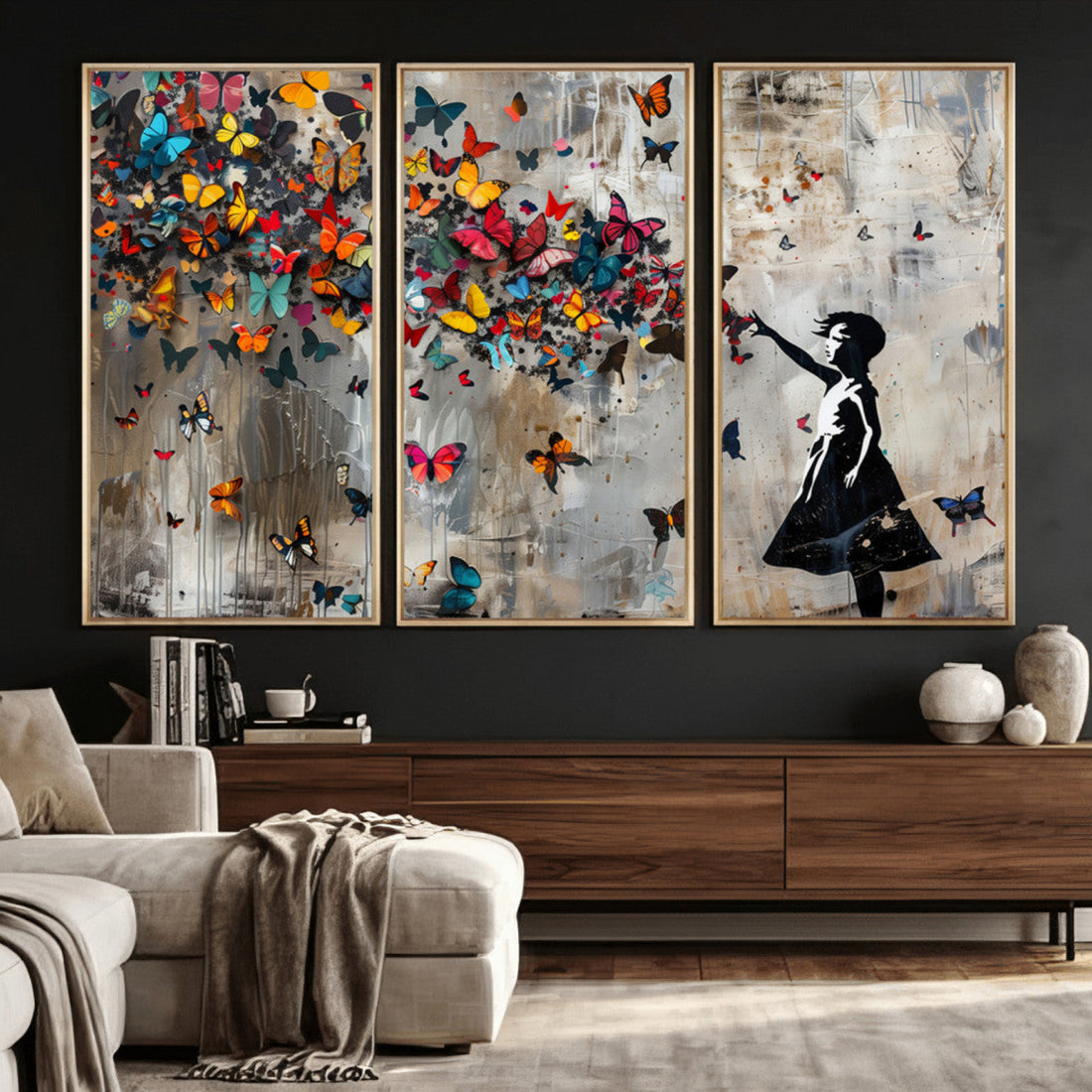 Banksy Wall Art, Banksy Girl and Butterfly Explosion Canvas Print | Extra Large 3 Piece Best Seller Wall Art
