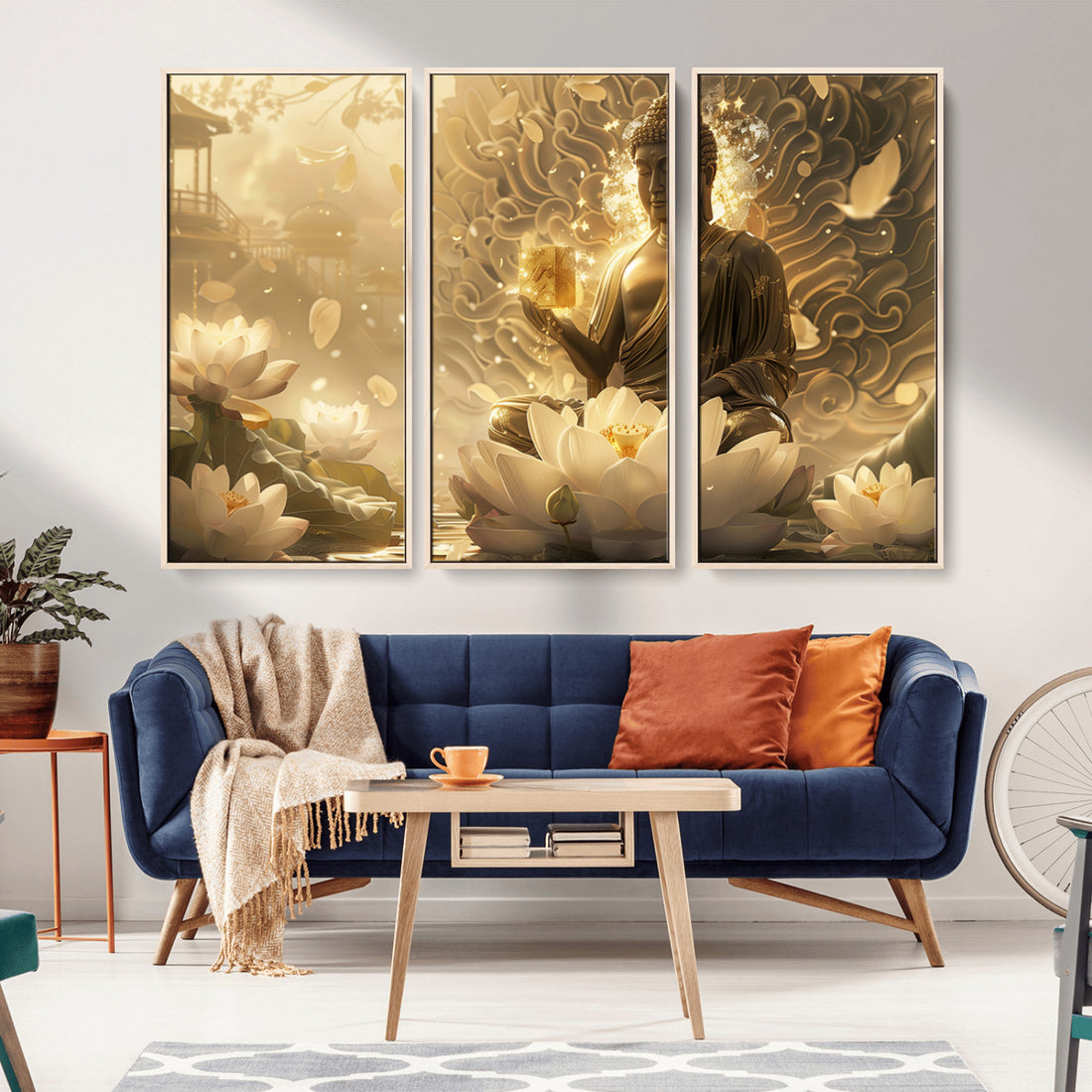 Golden Buddha Wall Art, Yoga and Meditation Room Decor | Extra Large 3 Piece Canvas Wall Art