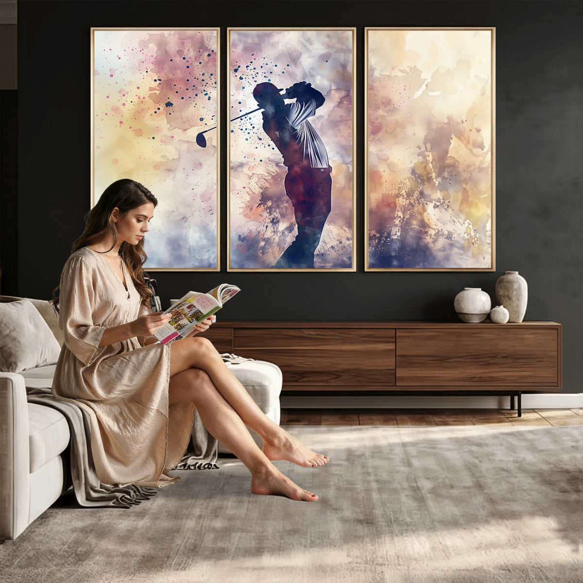 10848-MGV-CV-36X24 - Abstract Watercolor Golf Player Wall Art Canvas Print