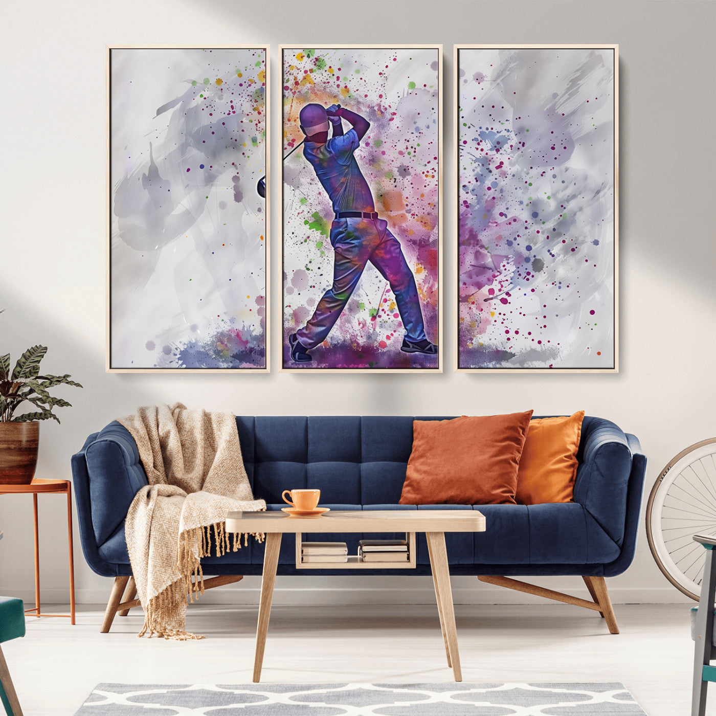 MGV-FC-48X32-3P - Watercolor Golf Swing Wall Art Canvas Print | Vibrant Abstract Golf Player Silhouette |