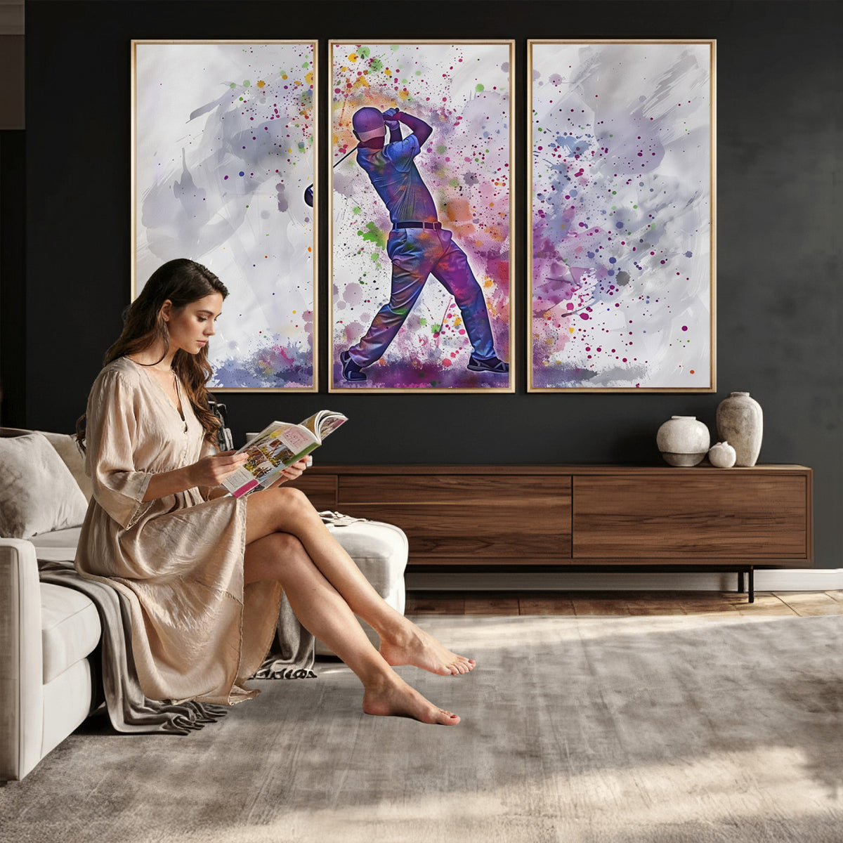 60116-MGV-CV-36X24 - Watercolor Golf Swing Wall Art Canvas Print, Vibrant, Framed and Ready to Hang