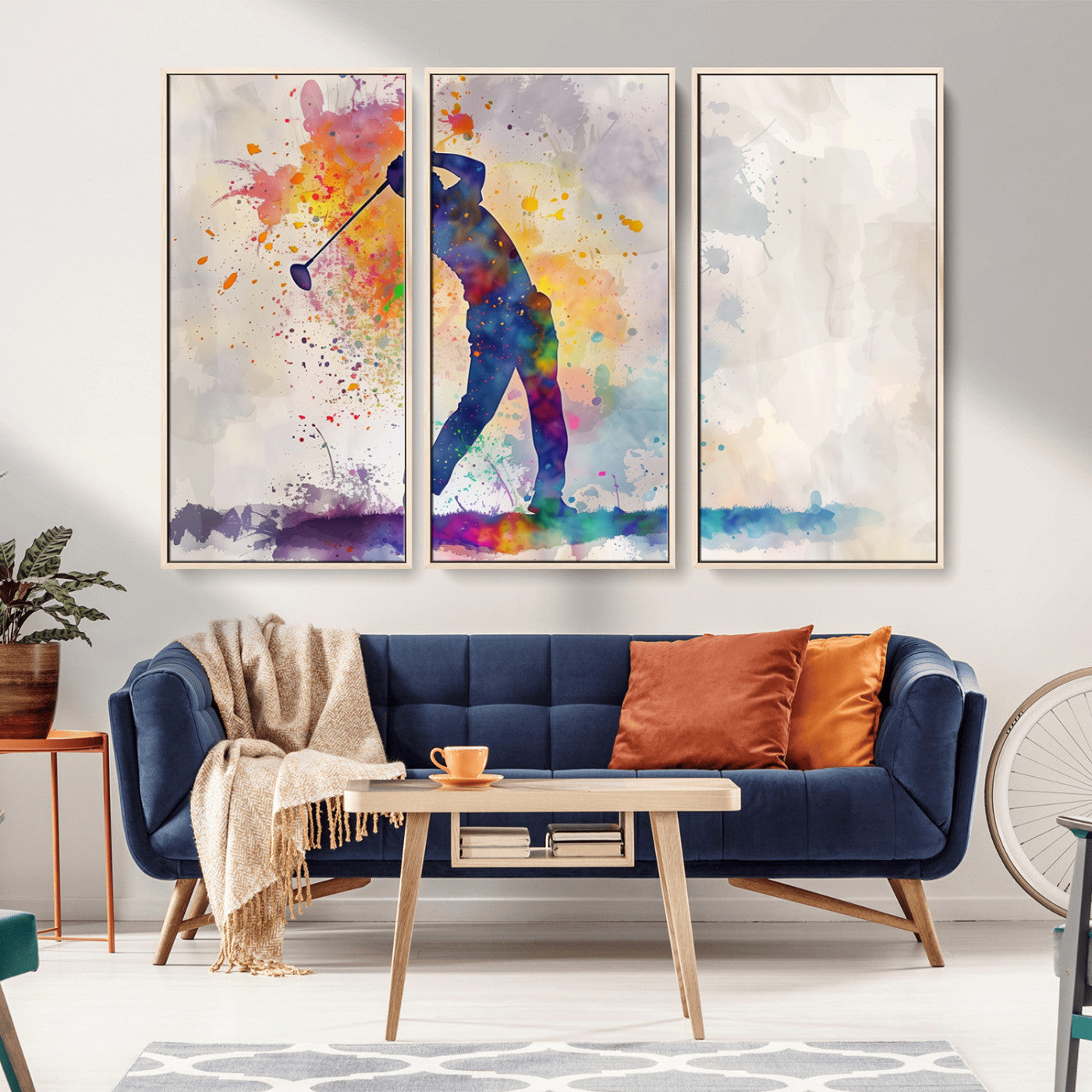 MGV-FC-48X32-3P - Watercolor Golf Swing Wall Art Canvas Print | Vibrant Abstract Golf Player Silhouette |