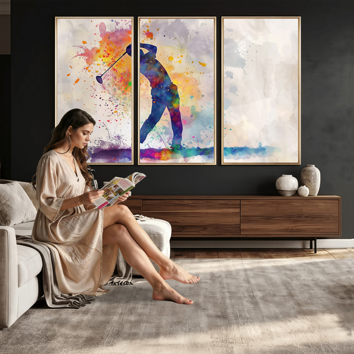 89625-MGV-CV-36X24 - Vibrant Watercolor Golf Swing Wall Art Canvas Print | Extra Large 3 Piece Canvas Wall Art