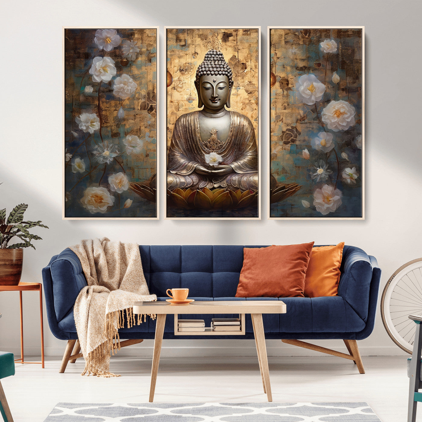 MGV-FC-48X32-3P - Golden Buddha Wall Art Canvas Print | Zen Meditation Floral Decor | Tranquil Spiritual Home Art |