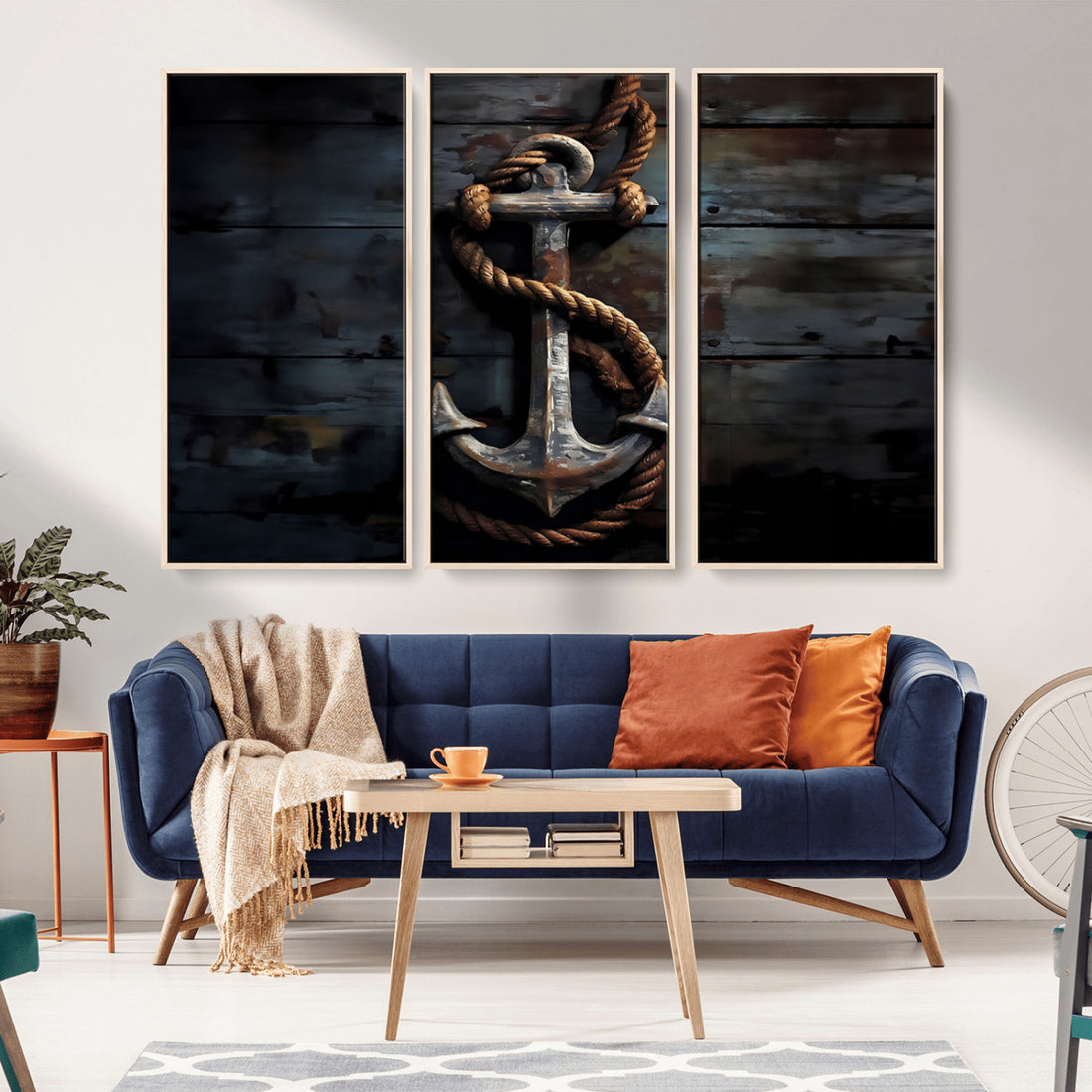 3 Panel Grunge Abstract Anchor Wall Art Canvas Print Set
