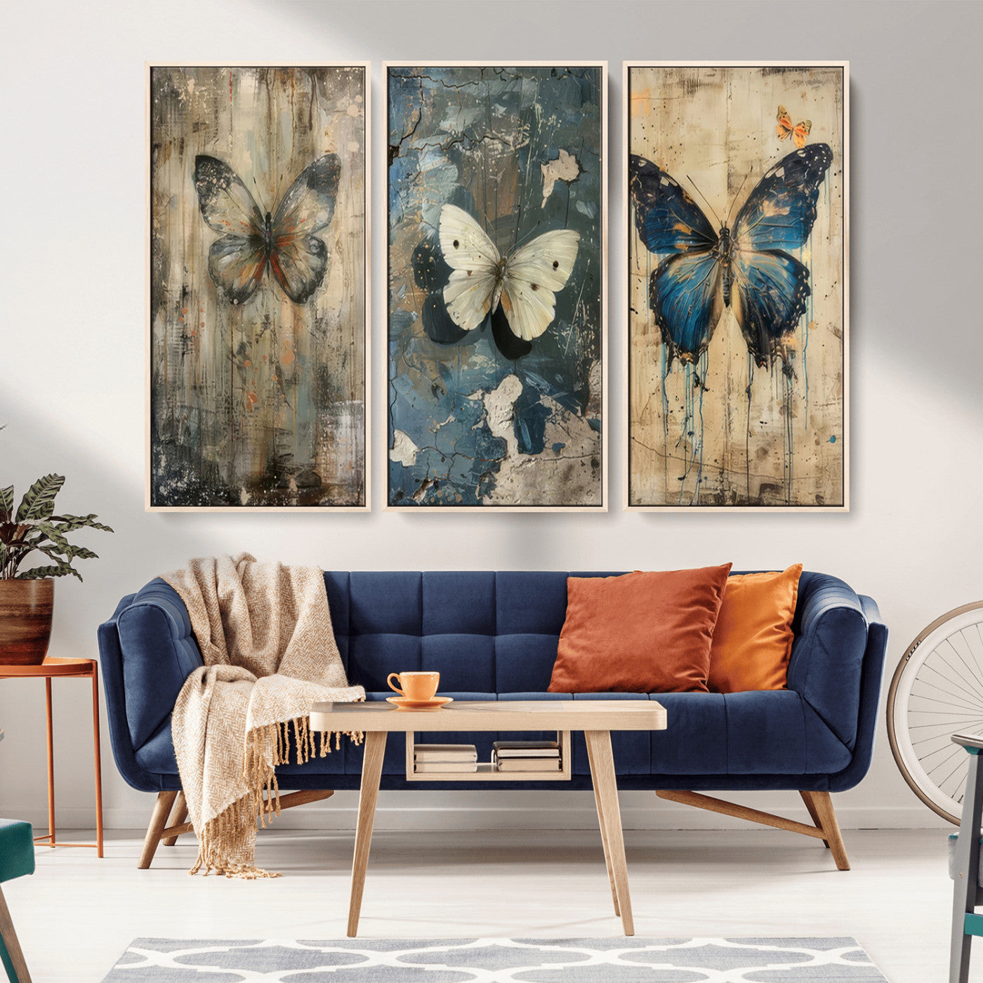 MGV-FC-48X32-3P - Butterfly Wall Art Trio | Vintage Butterfly Canvas Print | Ready to Hang Framed Artwork for