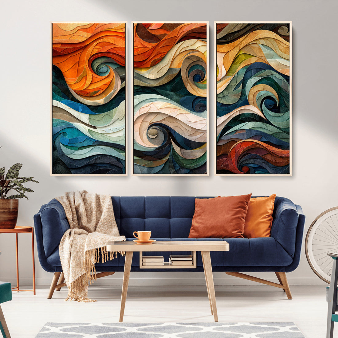 Abstract Wave Wall Art, Ready to Hang Framed Canvas Print | Extra Large 3 Piece Canvas Wall Art