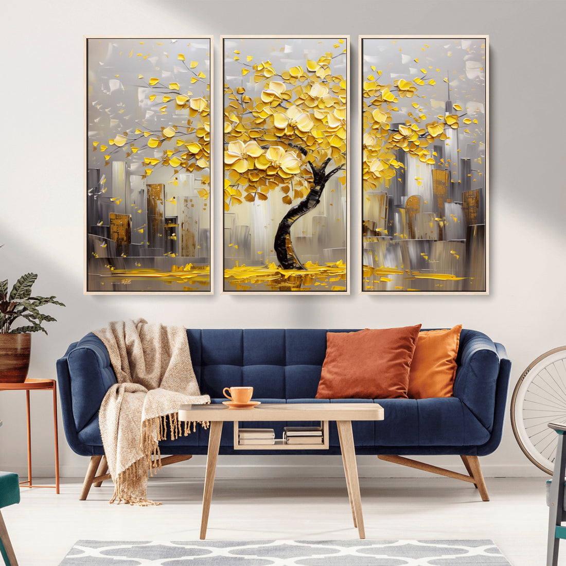 Golden Tree Canvas Print, Abstract Wall Art for Modern Homes | Extra Large 3 Piece Canvas Wall Art