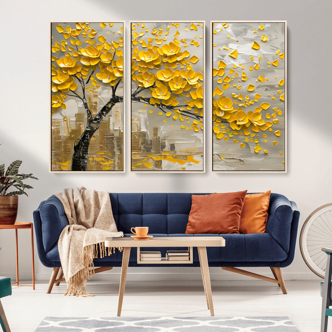 Yellow Blossom Tree Canvas Wall Art, Floral Abstract Modern Art | Extra Large 3 Piece Canvas Wall Art