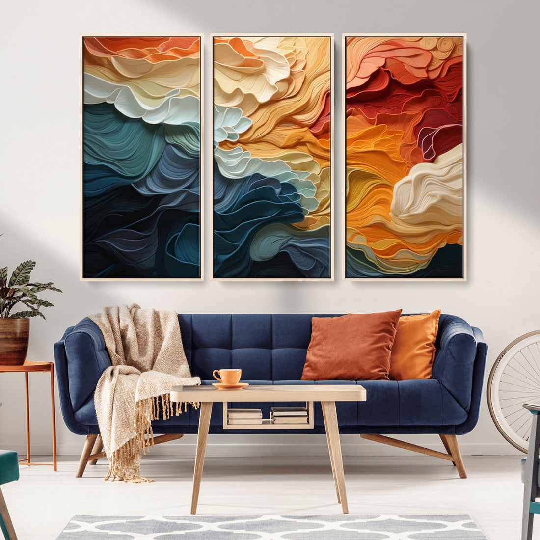 Blue Orange Abstract Wave Wall Art Canvas Print, Framed | Extra Large 3 Piece Canvas Wall Art