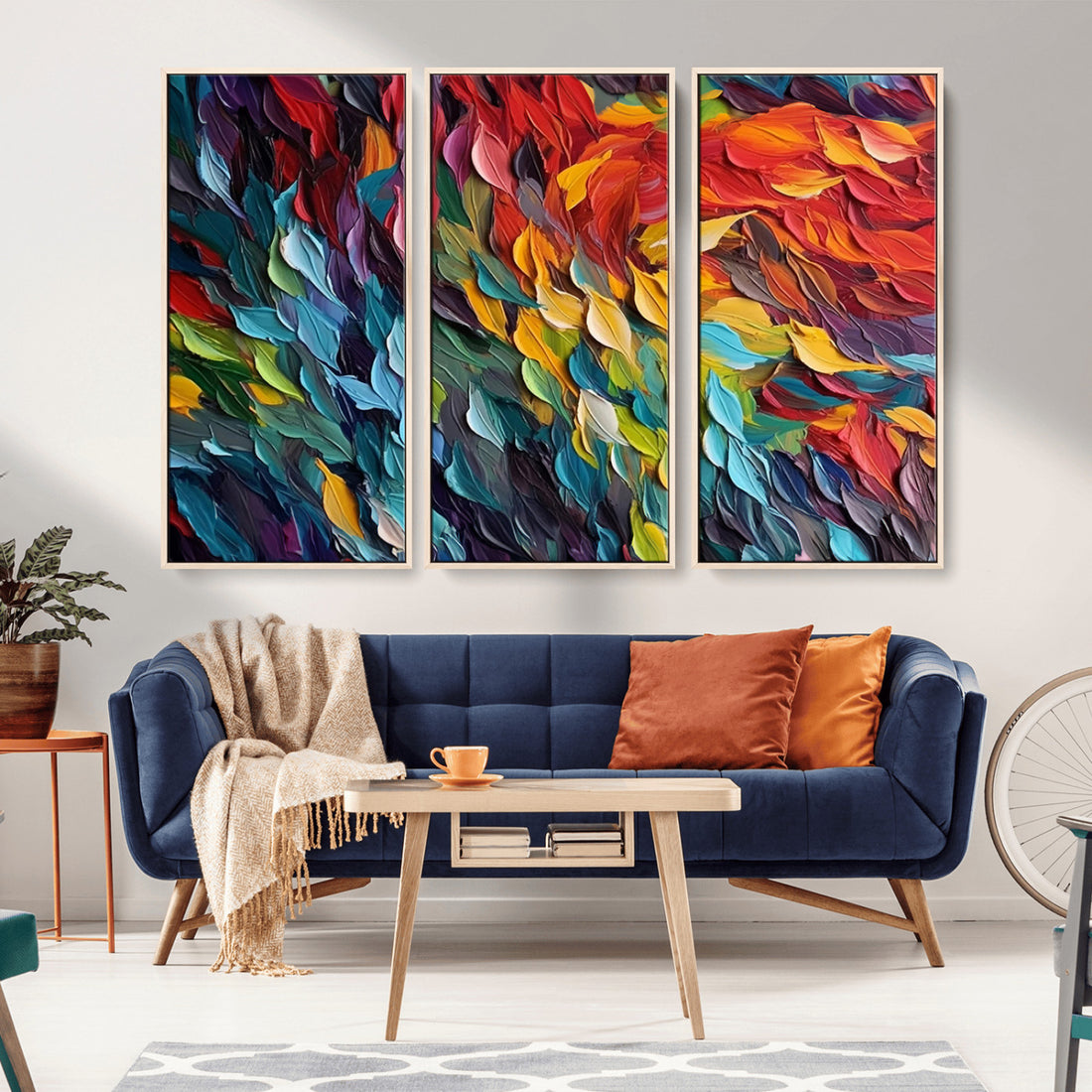 Vibrant Abstract Leaf Wall Art Canvas Print, Bold Colorful Decor | Extra Large 3 Piece Canvas Wall Art
