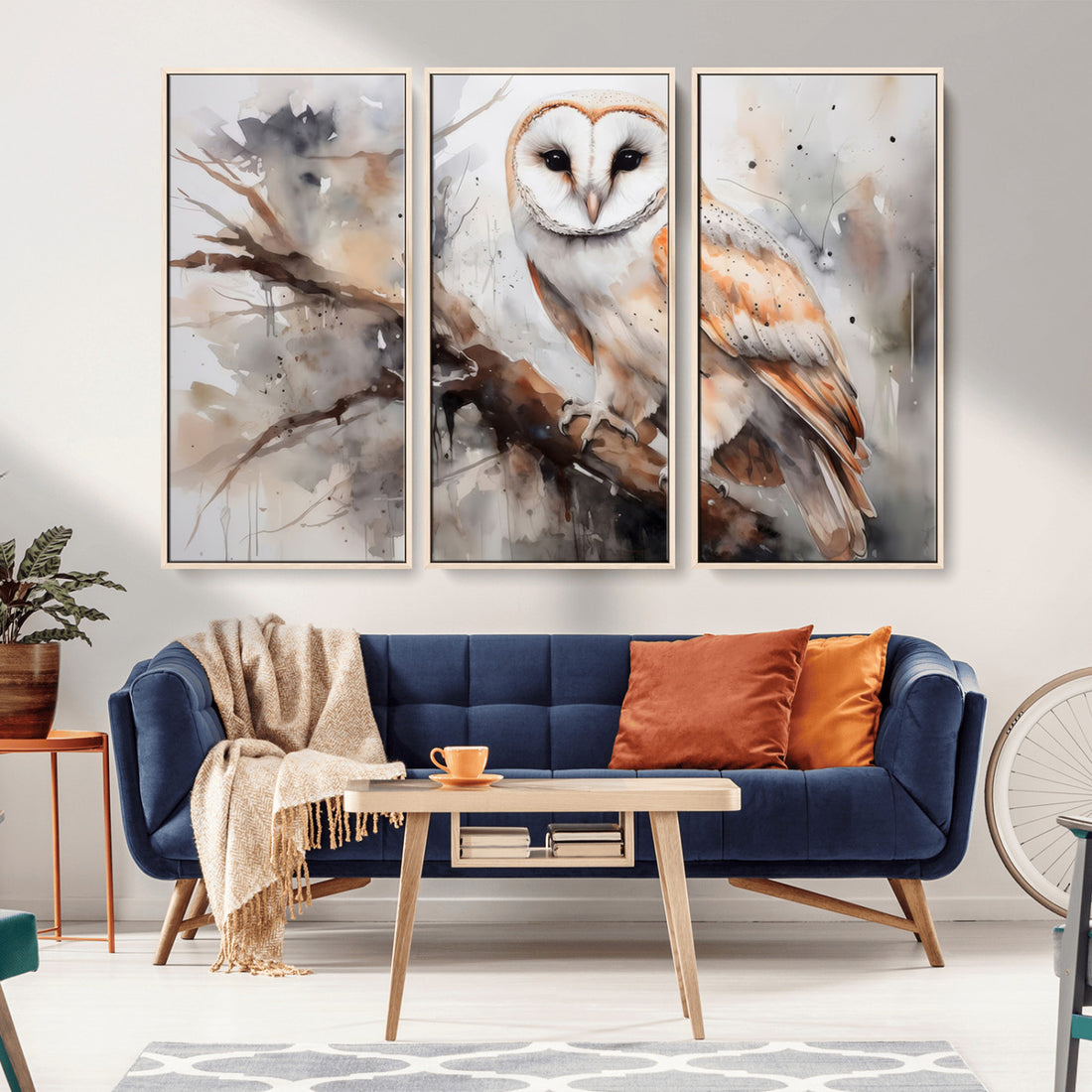 Barn Owl Wall Art, Watercolor Barn Owl Canvas Print | Extra Large 3 Piece Canvas Wall Art