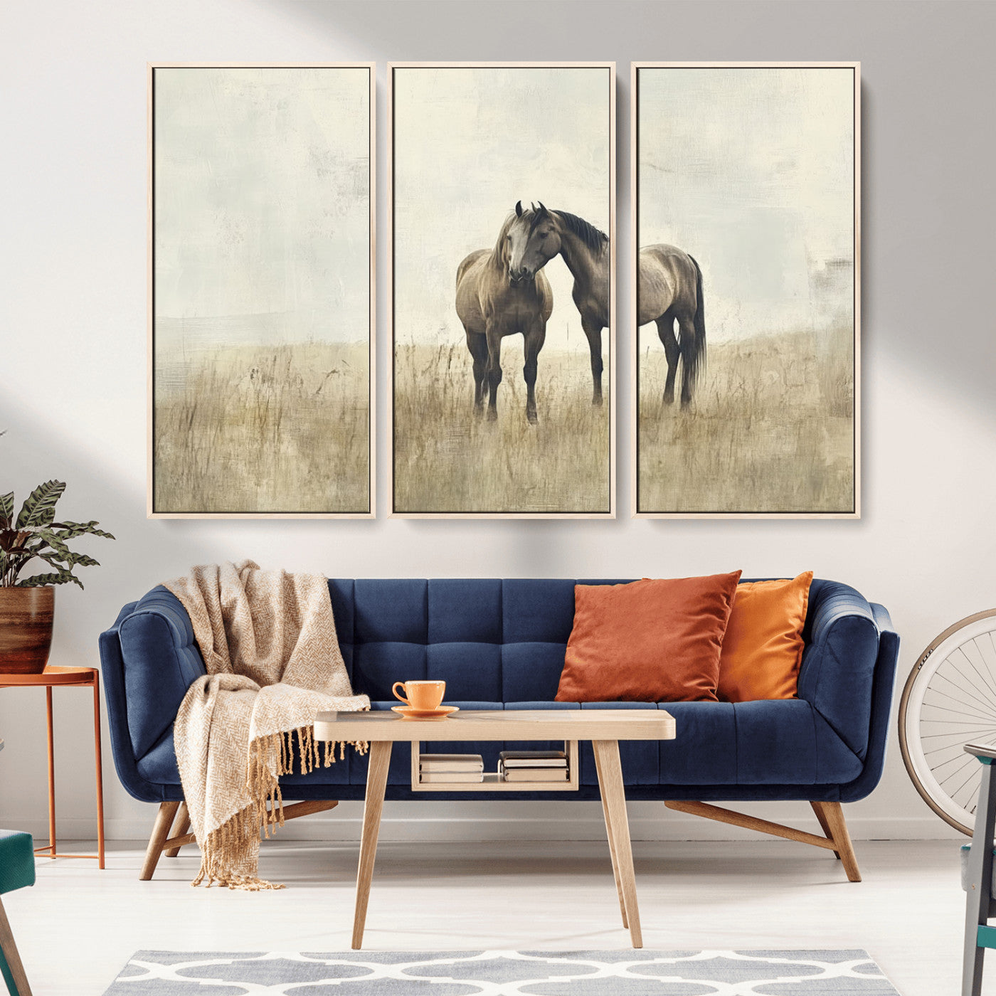 MGV-FC-48X32-3P - Chines Style Grunge Horses Wall Art Canvas Print