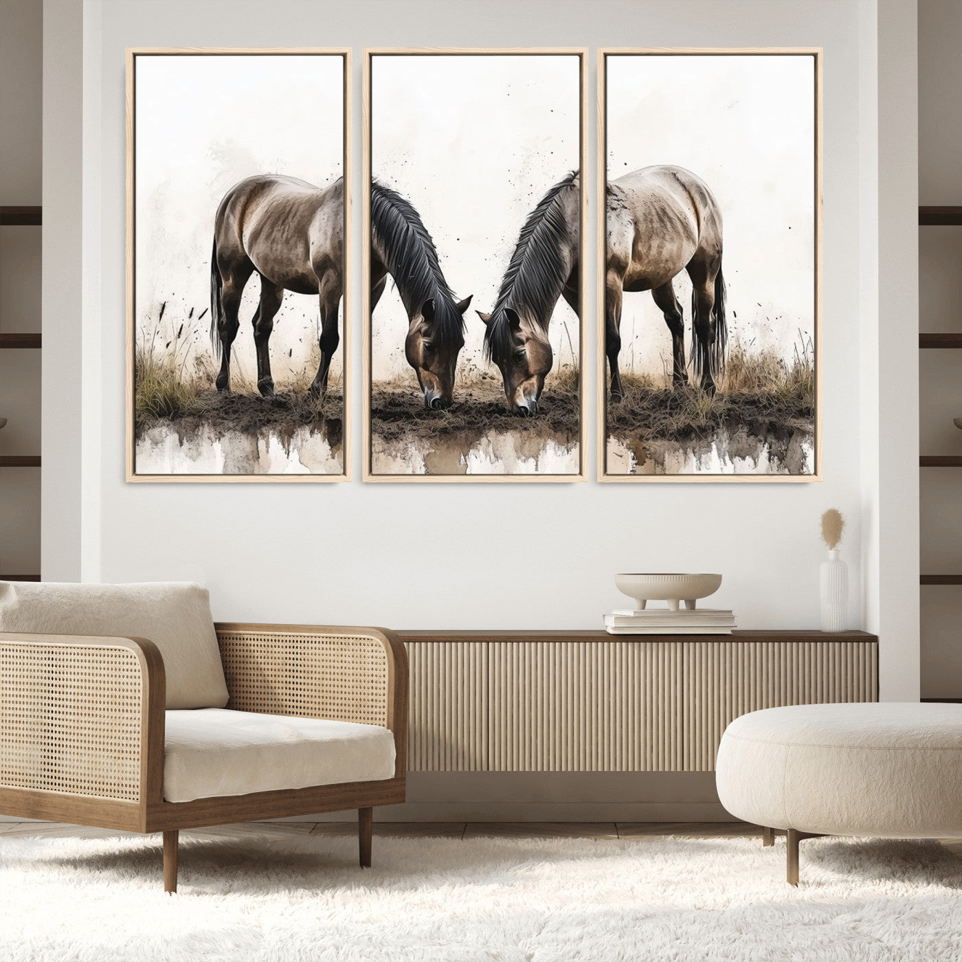71729-MGV-FC-60X40-3P_Natural-Chines Ink Style Horses Wall Art Canvas Print