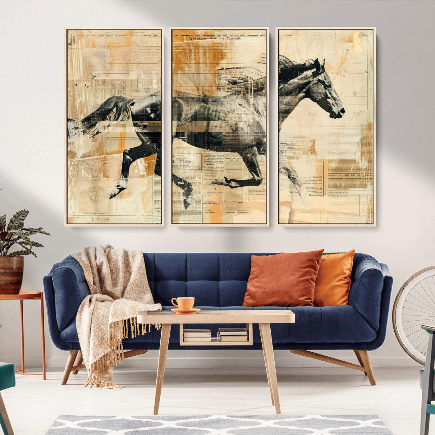 MGV-FC-48X32-3P - Chines Style Running Horse Western Wall Art | Farmhouse Wall Decor | Ready to Hang Framed Canvas