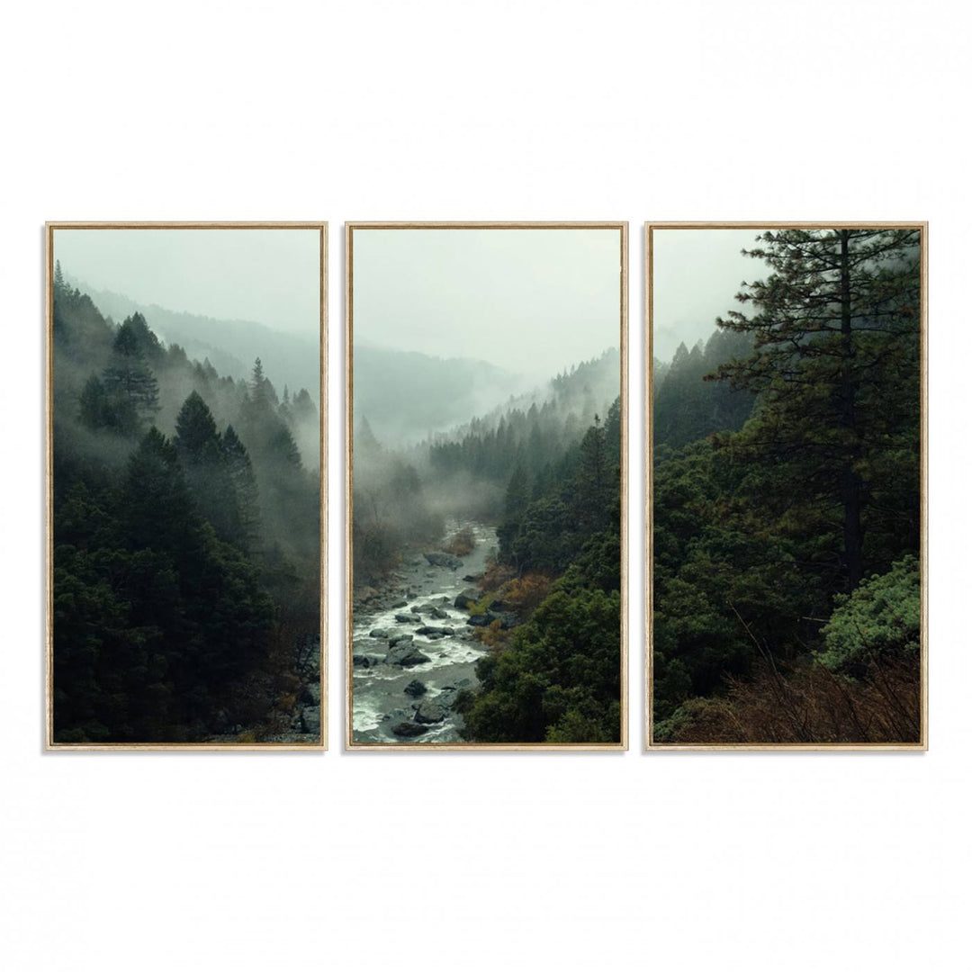 The Misty Forest Wall Art features a serene landscape with a misty river and evergreens, ideal for enhancing the ambiance of any living room or cabin.