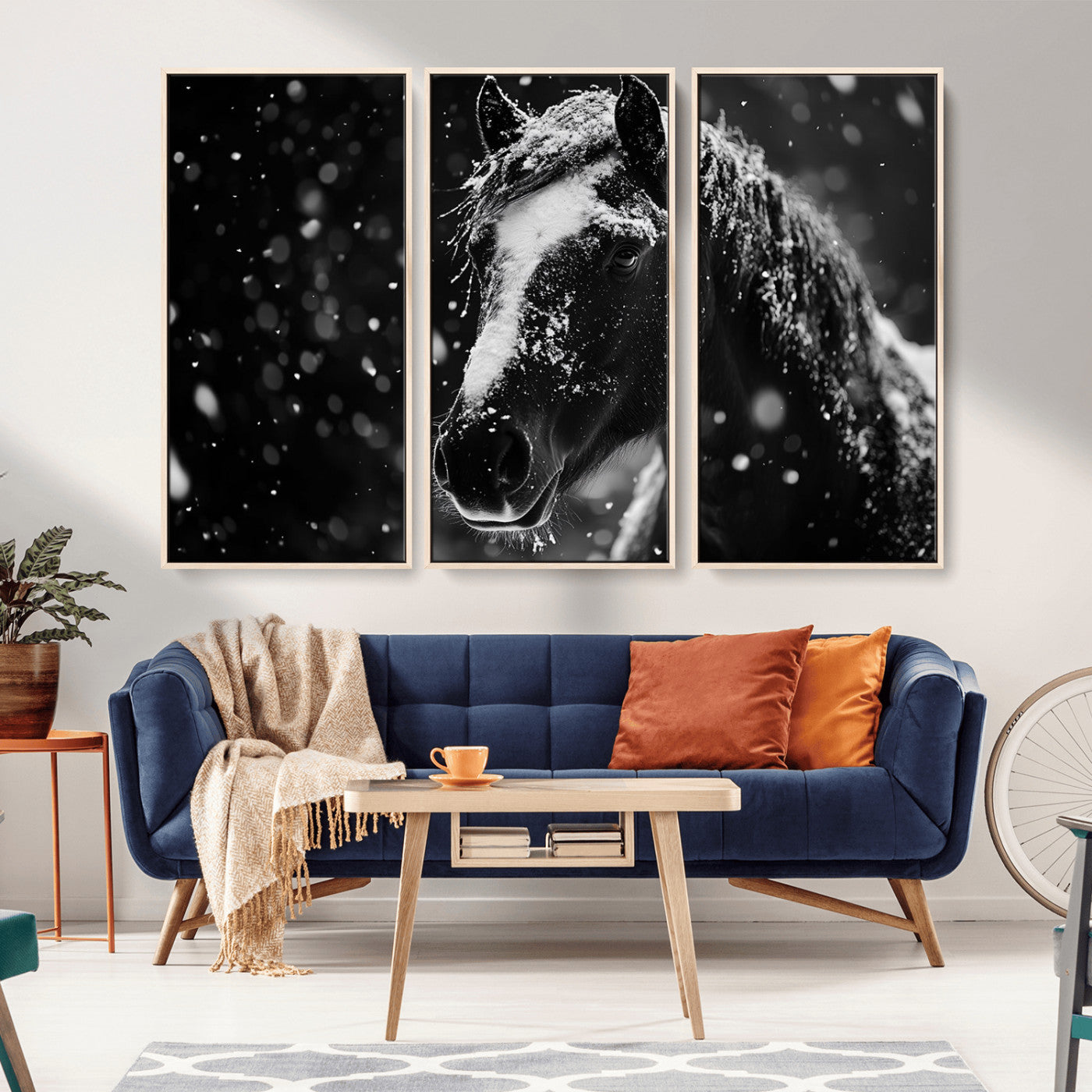 MGV-FC-48X32-3P - Winter Horse Wall Art | Black and White Horse Print | Ready to Hang and Framed | Farmhouse Wall Art