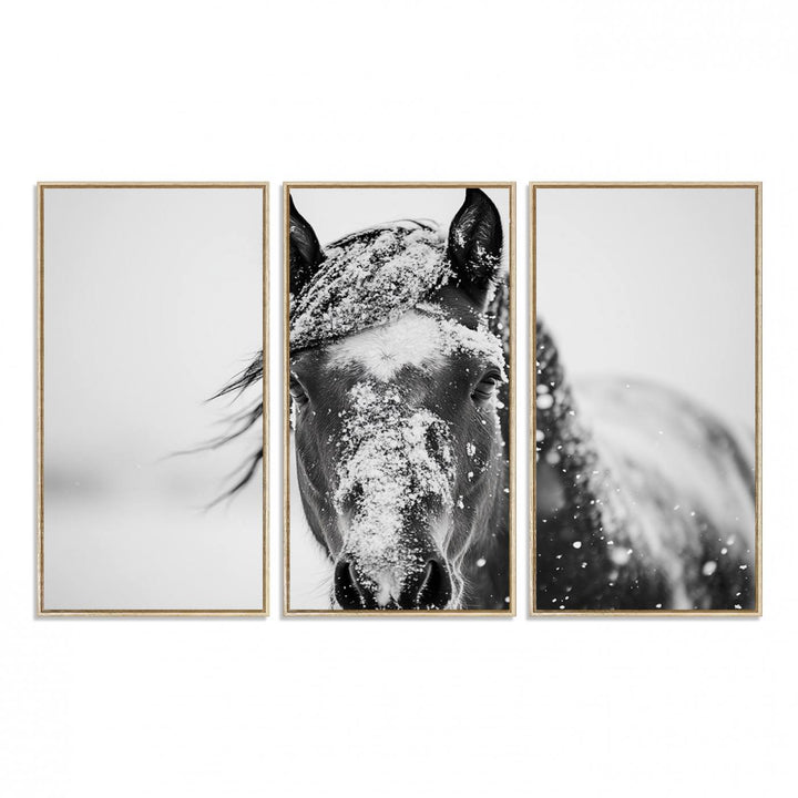 This black and white winter horse wall art enhances any decor; it is ready to hang and framed for a farmhouse or Western style.