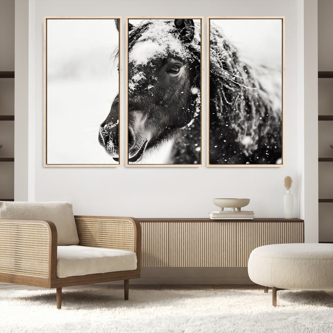 The wall art is a Black and White Horse piece, framed and ready to hang.