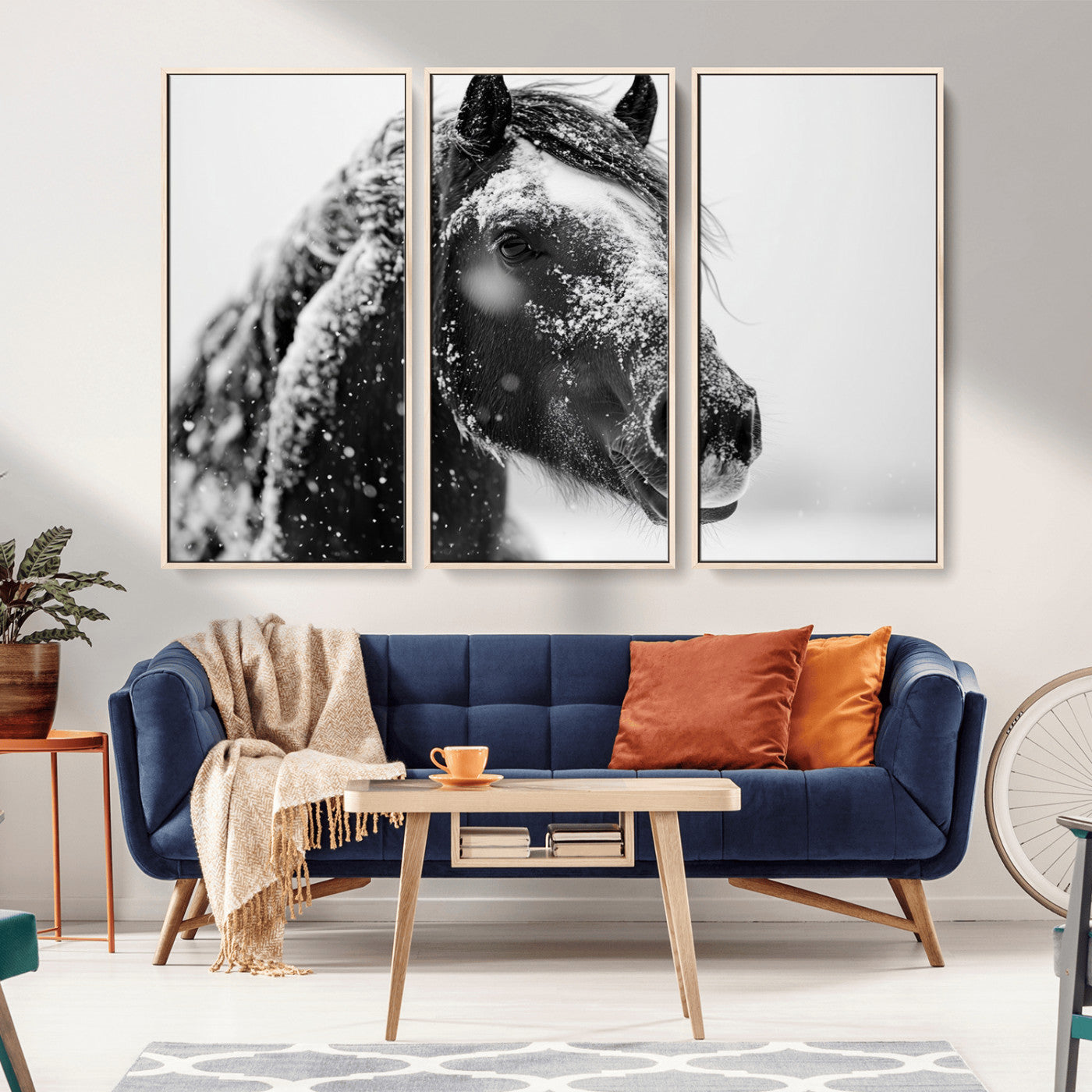 MGV-FC-48X32-3P - Winter Horse Canvas Print | Large 3-Panel Black White Equine Photography for Rustic Farmhouse Wall